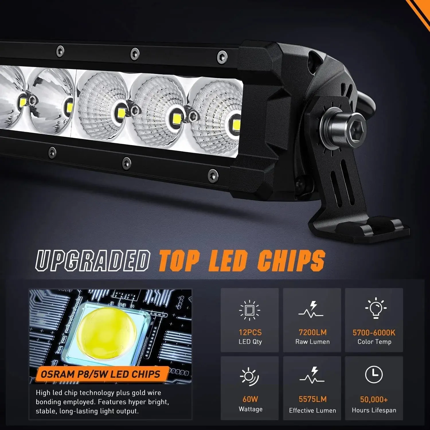 16 Inch 60W 7200LM Slim Spot Flood Osram P8-5W Chips Led Light Bar