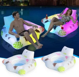 2 Pack Inflatable Pool Floats Chair with Color Changing Lights, Solar Powered with 2 Cup Holders & 2 Handles, Large Pool Lounger Float Beach Float, Fun Pool Float Raft for Adults