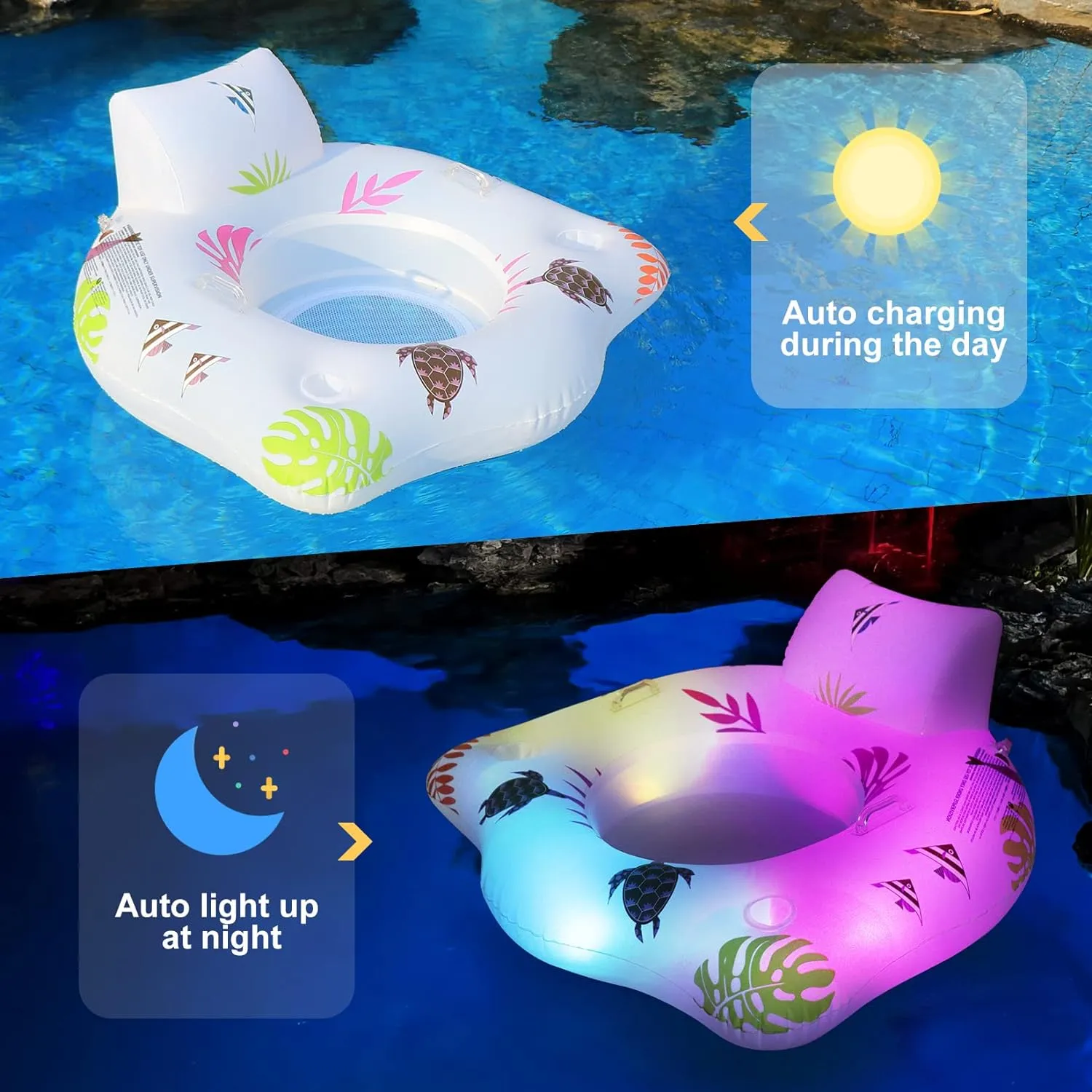2 Pack Inflatable Pool Floats Chair with Color Changing Lights, Solar Powered with 2 Cup Holders & 2 Handles, Large Pool Lounger Float Beach Float, Fun Pool Float Raft for Adults