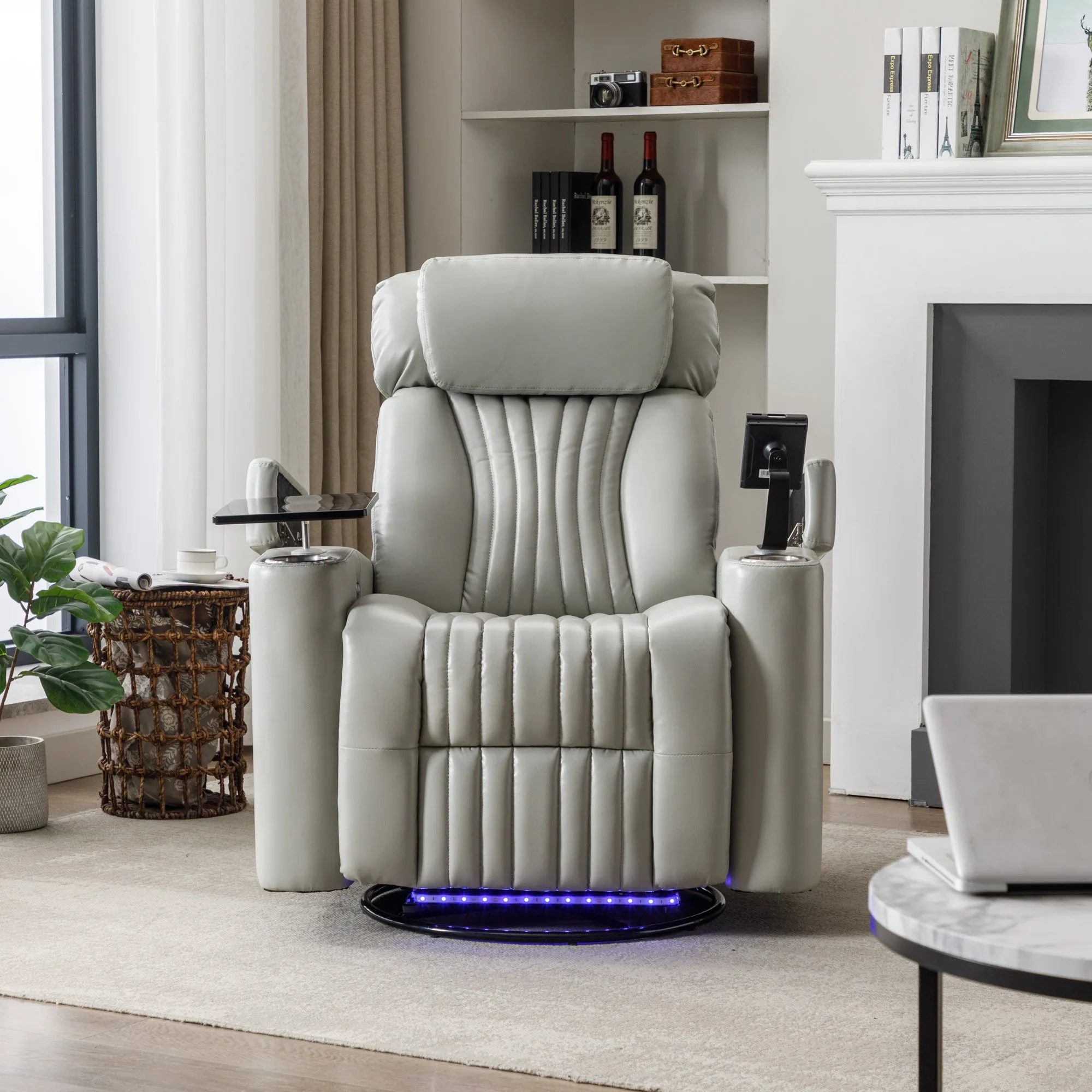 270° Power Swivel Recliner,Home Theater Seating With Hidden Arm Storage and  LED Light Strip,Cup Holder,360° Swivel Tray Table,and Cell Phone Holder,Soft Living Room Chair,Grey
