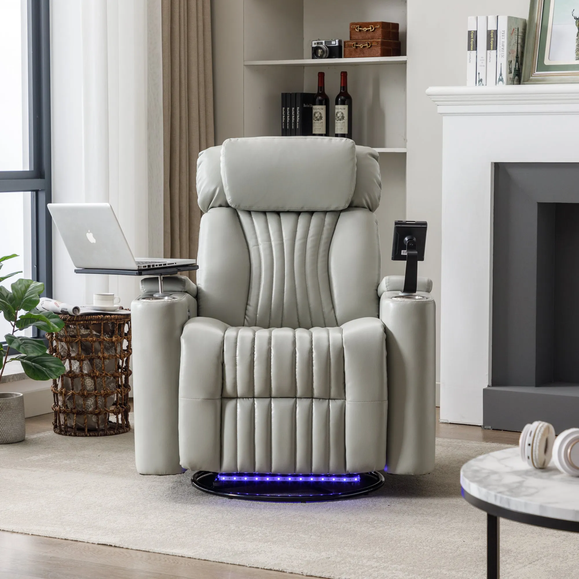 270° Power Swivel Recliner,Home Theater Seating With Hidden Arm Storage and  LED Light Strip,Cup Holder,360° Swivel Tray Table,and Cell Phone Holder,Soft Living Room Chair,Grey