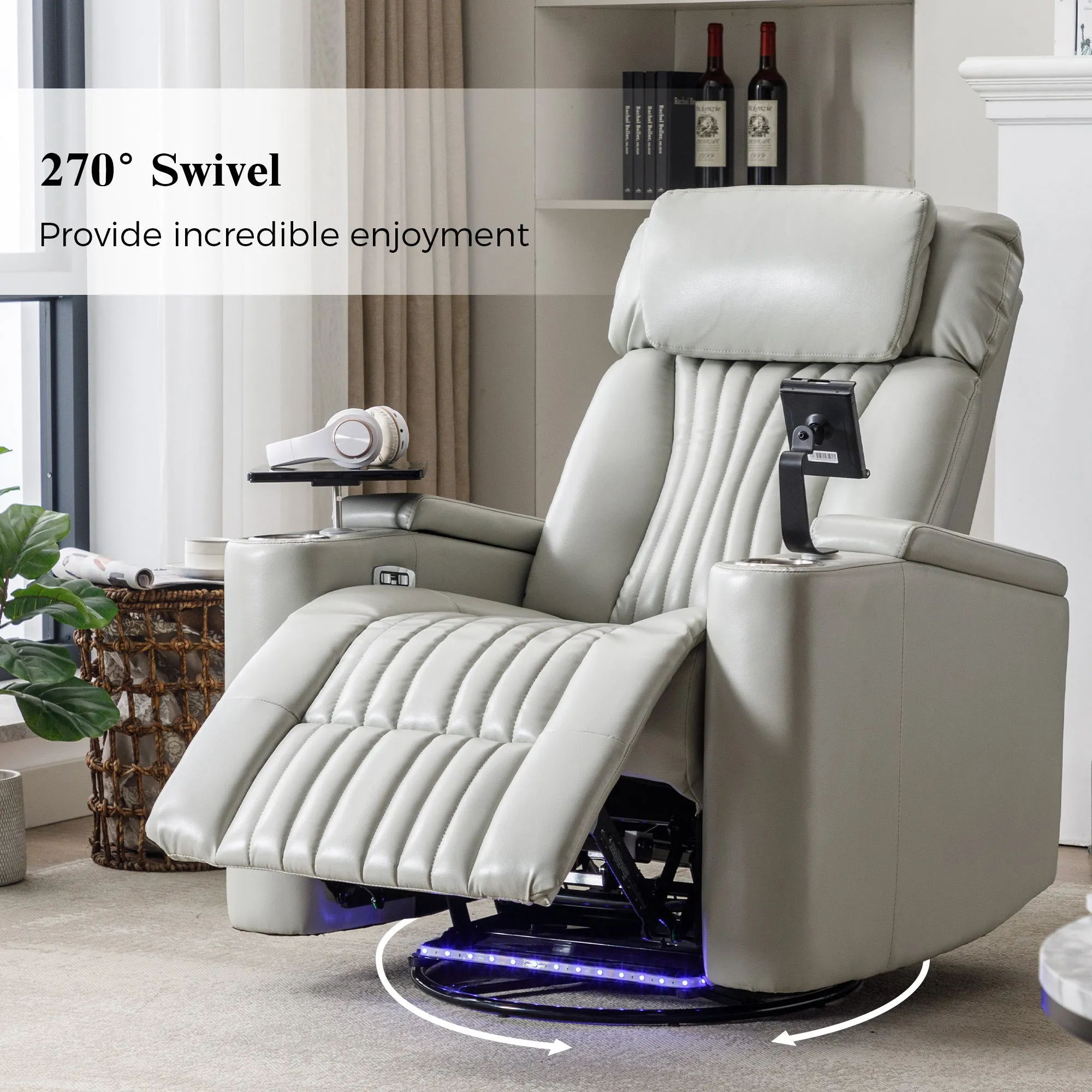 270° Power Swivel Recliner,Home Theater Seating With Hidden Arm Storage and  LED Light Strip,Cup Holder,360° Swivel Tray Table,and Cell Phone Holder,Soft Living Room Chair,Grey