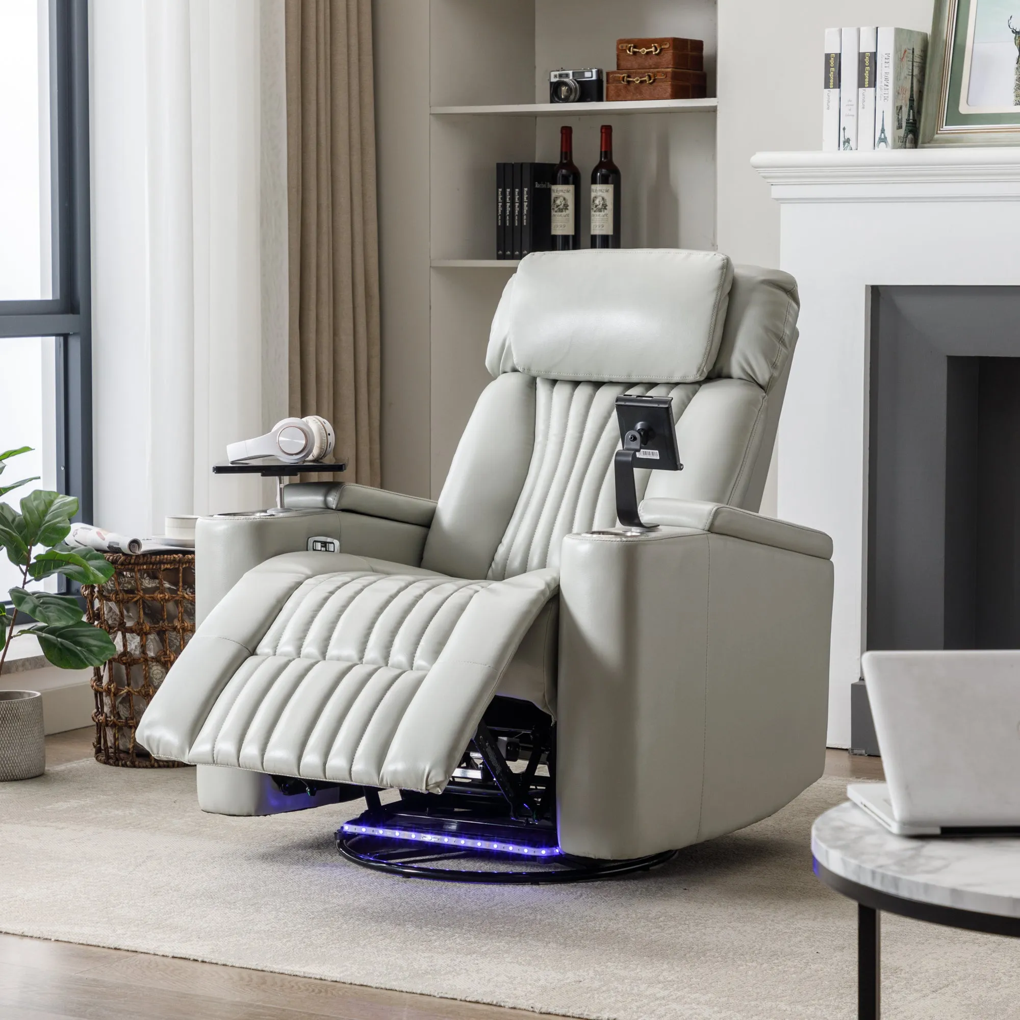 270° Power Swivel Recliner,Home Theater Seating With Hidden Arm Storage and  LED Light Strip,Cup Holder,360° Swivel Tray Table,and Cell Phone Holder,Soft Living Room Chair,Grey