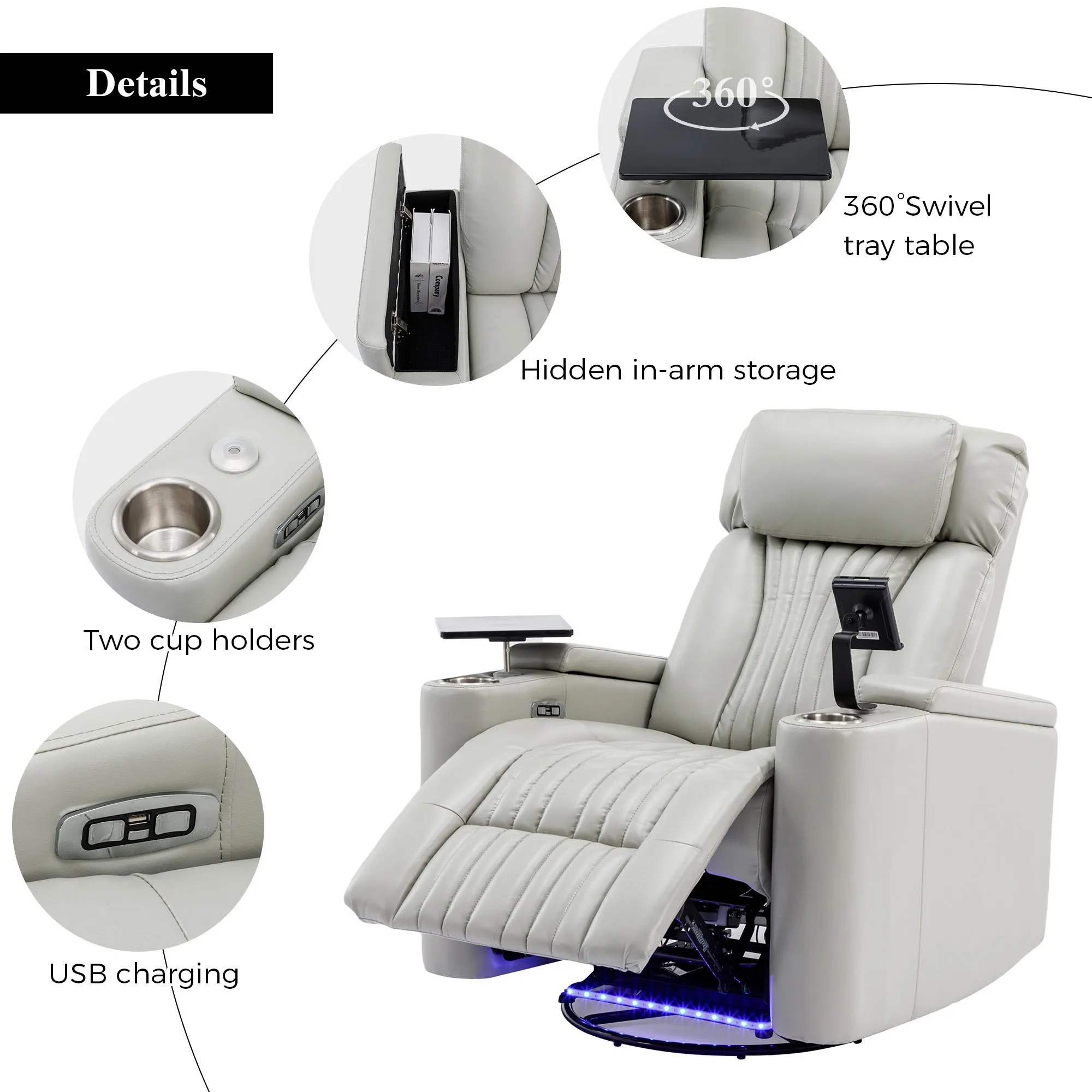 270° Power Swivel Recliner,Home Theater Seating With Hidden Arm Storage and  LED Light Strip,Cup Holder,360° Swivel Tray Table,and Cell Phone Holder,Soft Living Room Chair,Grey