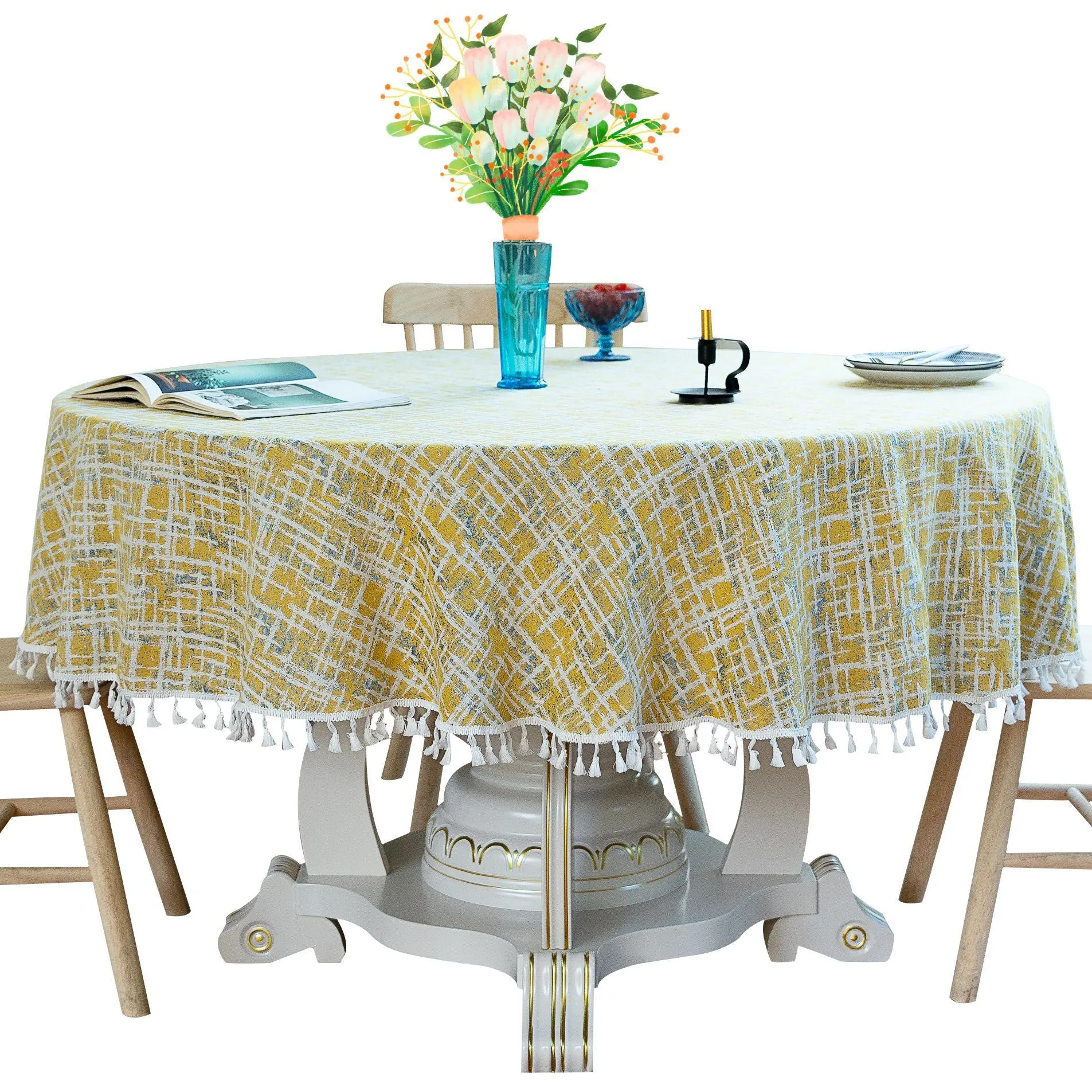 3-Color Jacquard Tassel round Tablecloth Party Table Cloth