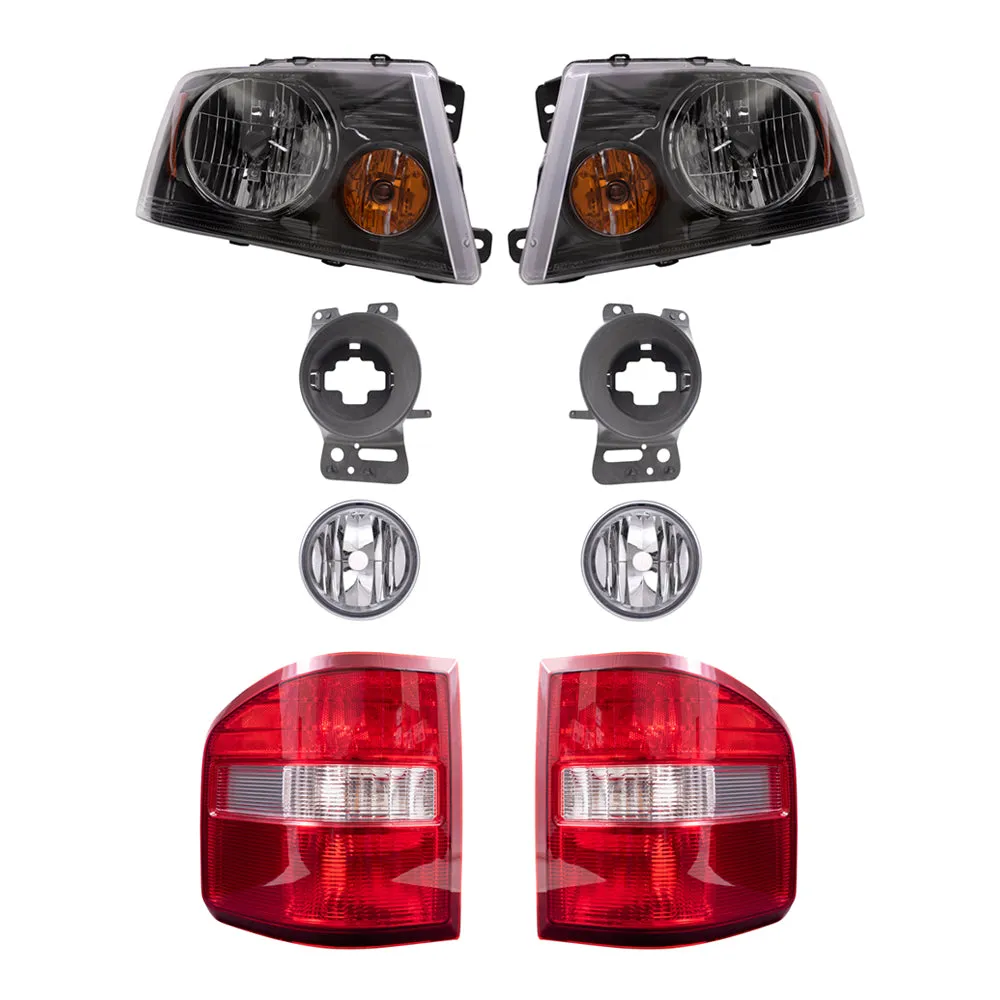 Brock Aftermarket Replacement Driver Left Passenger Right Halogen Combination Headlights-Round Fog Lights-Mounting Brackets-Flareside Tail Lights 8 Piece Set Compatible with 2006-2008 Ford F-150