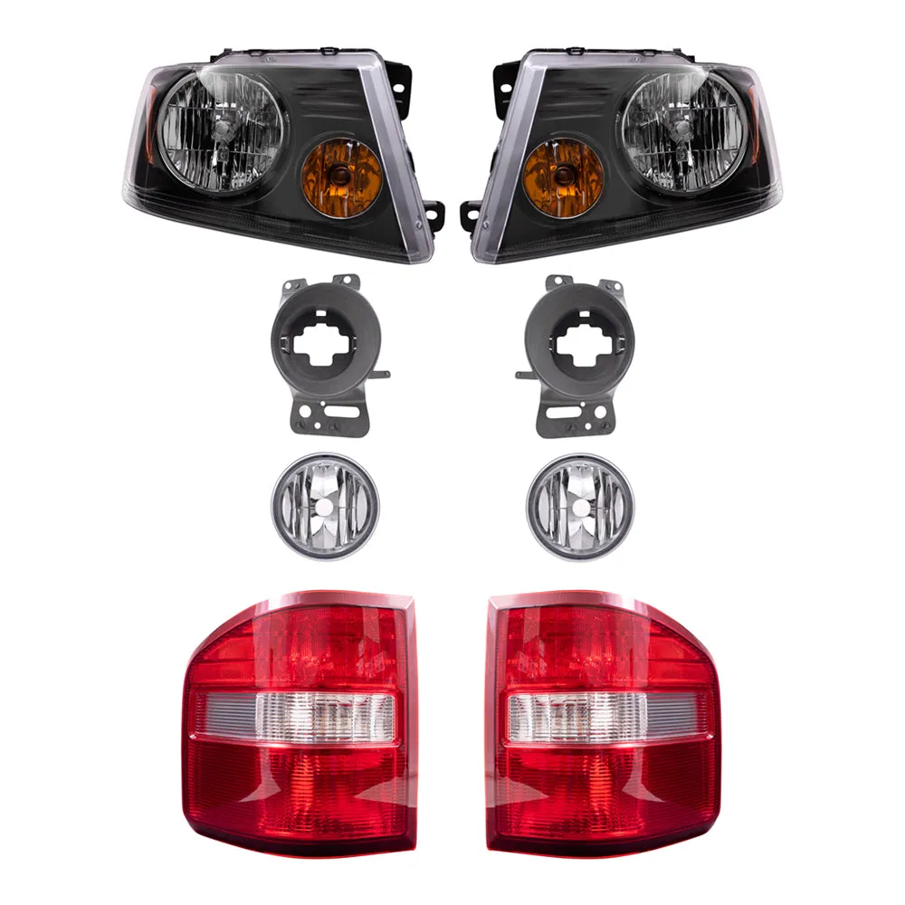 Brock Aftermarket Replacement Driver Left Passenger Right Headlights-Round Fog Lights-Fog Light Mounting Brackets-Flareside Tail Lights 8 Piece Set Compatible with 2006-2008 Ford F-150