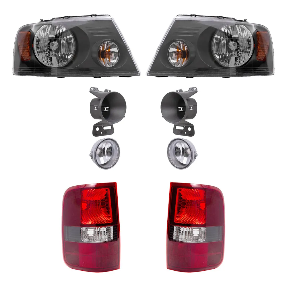 Brock Aftermarket Replacement Driver Left Passenger Right Headlights-Round Fog Lights-Fog Light Mounting Brackets-Flareside Tail Lights 8 Piece Set Compatible with 2006-2008 Ford F-150