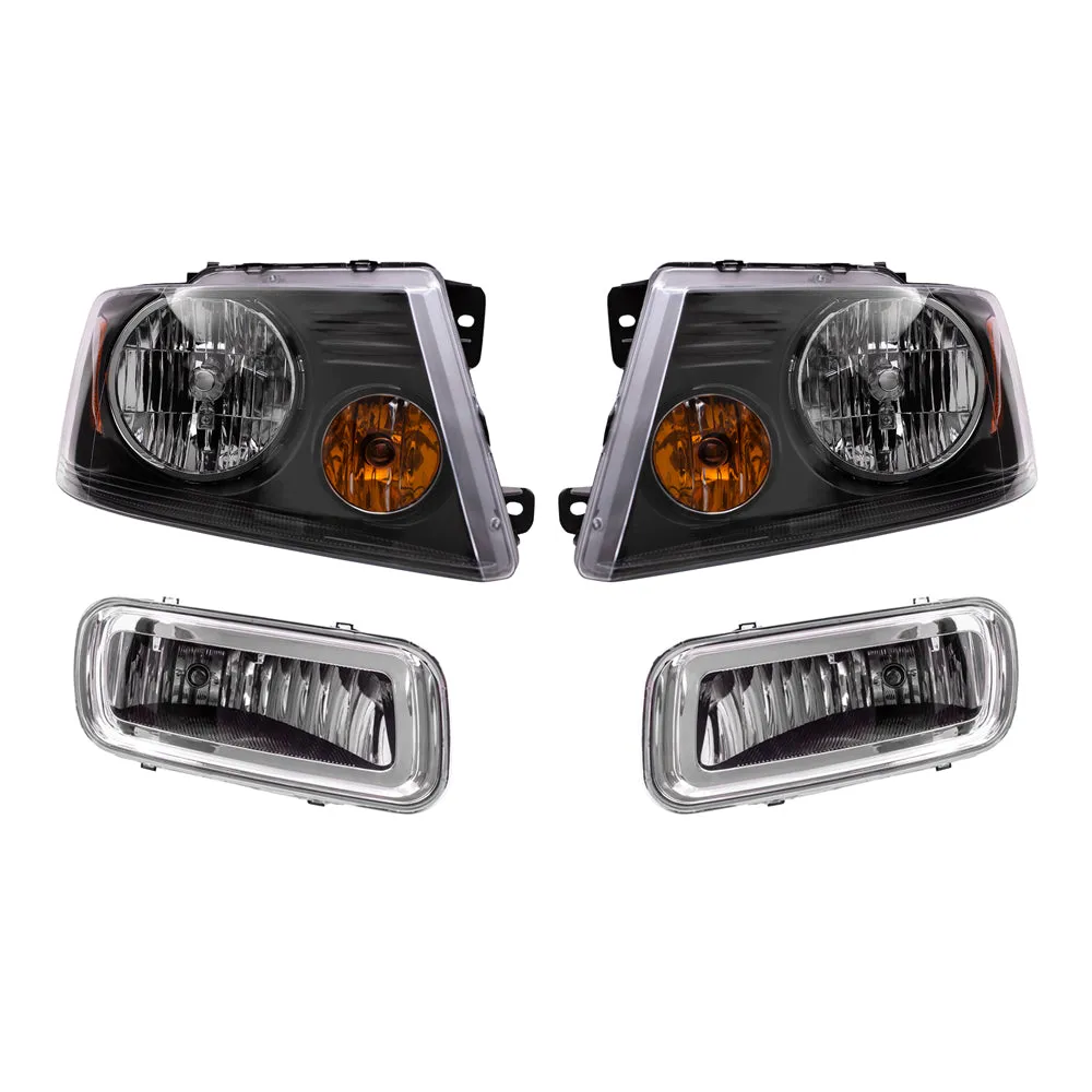 Brock Aftermarket Replacement Driver Left Passenger Right Headlights with Shadow Gray Bezel and Rectangular Fog Lights 4 Piece Set Compatible with 2004-2006 Ford F-150