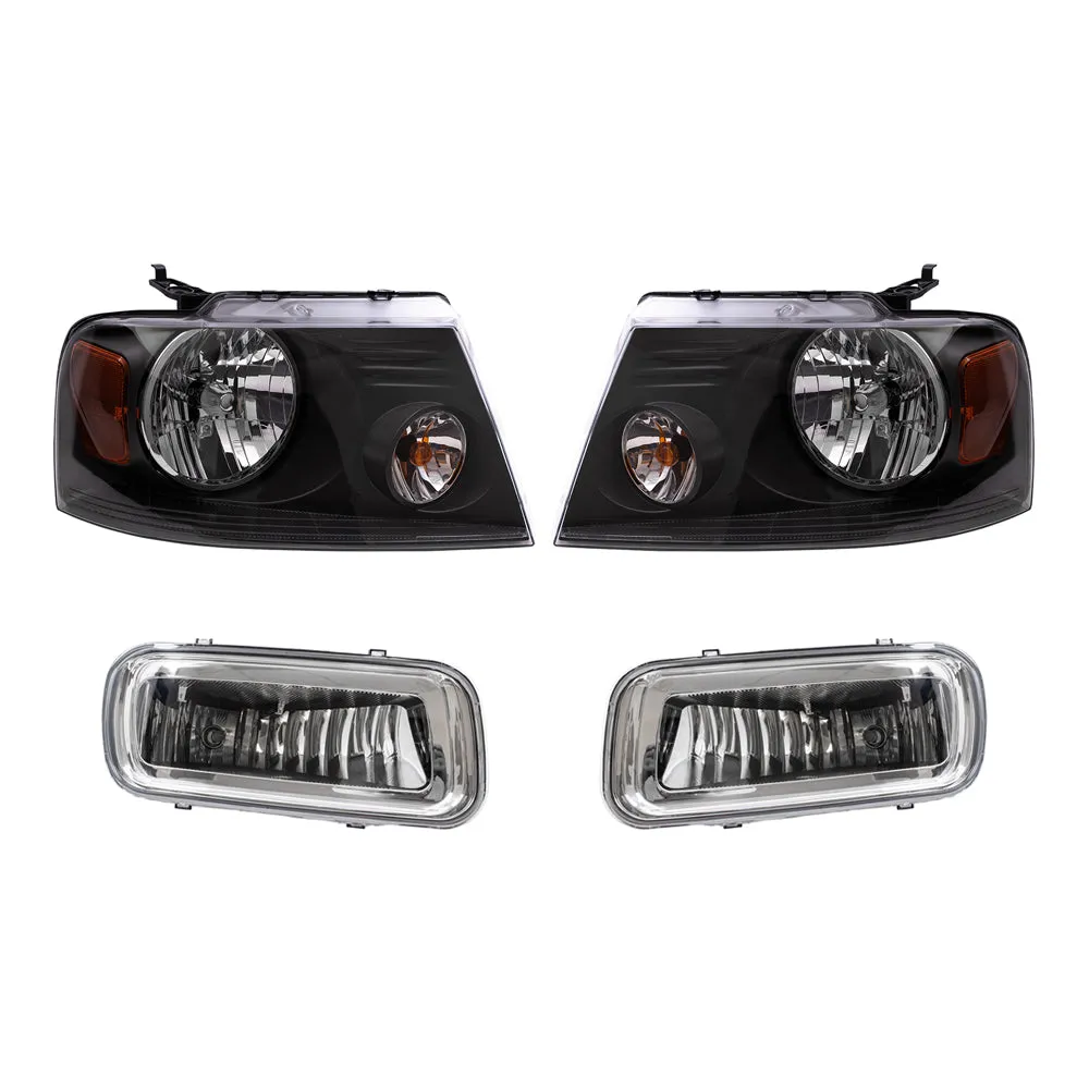 Brock Aftermarket Replacement Driver Left Passenger Right Headlights with Shadow Gray Bezel and Rectangular Fog Lights 4 Piece Set Compatible with 2004-2006 Ford F-150