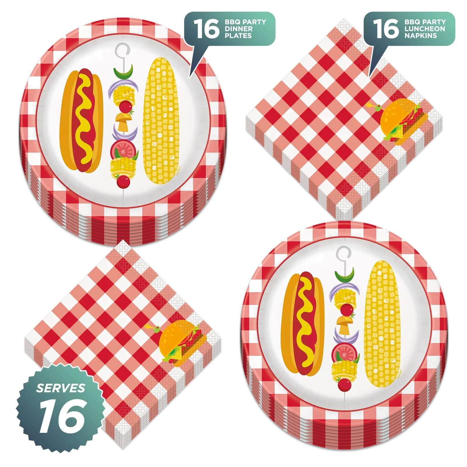 Classic BBQ Party Paper Dinner Plates and Lunch Napkins For Cookouts and Picnics (Serves 16)