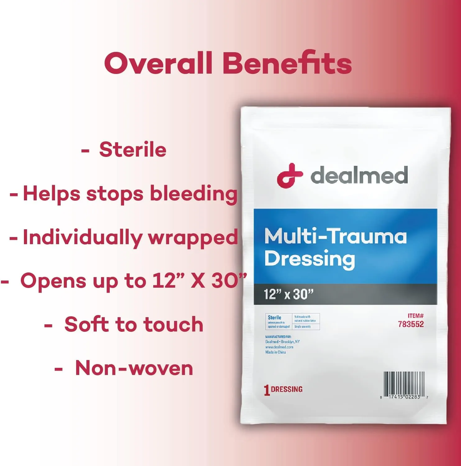 Dealmed 12" x 30" Multi-Trauma Dressing  Sterile Emergency Oversized Pad, Superior Absorbency, Protection and Padding, Wound Care Product for First Aid Kit (Pack of 5)