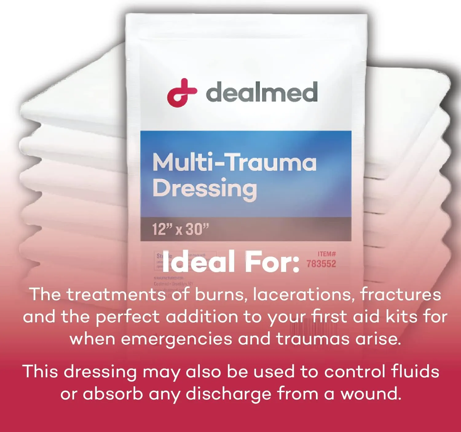 Dealmed 12" x 30" Multi-Trauma Dressing  Sterile Emergency Oversized Pad, Superior Absorbency, Protection and Padding, Wound Care Product for First Aid Kit (Pack of 5)
