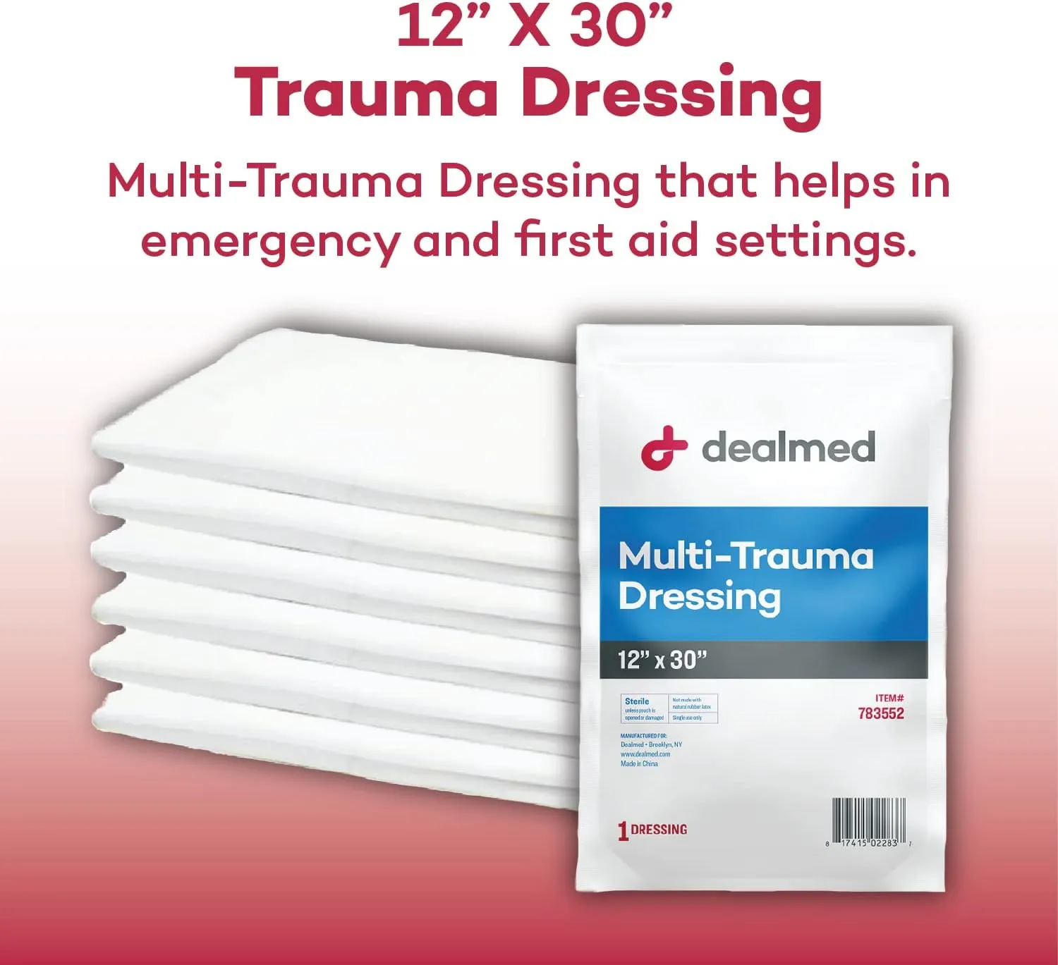 Dealmed 12" x 30" Multi-Trauma Dressing  Sterile Emergency Oversized Pad, Superior Absorbency, Protection and Padding, Wound Care Product for First Aid Kit (Pack of 5)