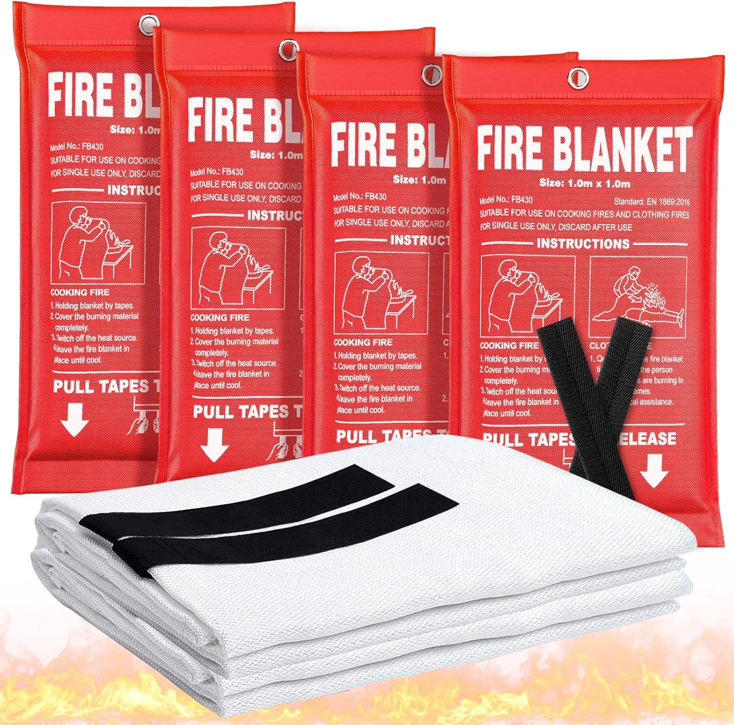 Fire Blanket 4 Pack - 40" x 40" Prepared Emergency Fire Blanket for Home and Kitchen, RV, Grill, Fireplace, Safe & Easy for Elderly and Kids Alone
