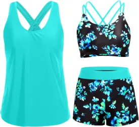 Holipick 3 Piece Tankini Swimsuits for Women Tummy Control Bathing Suits Swim Tank Top with Bra Boy Shorts Teen Swimwear