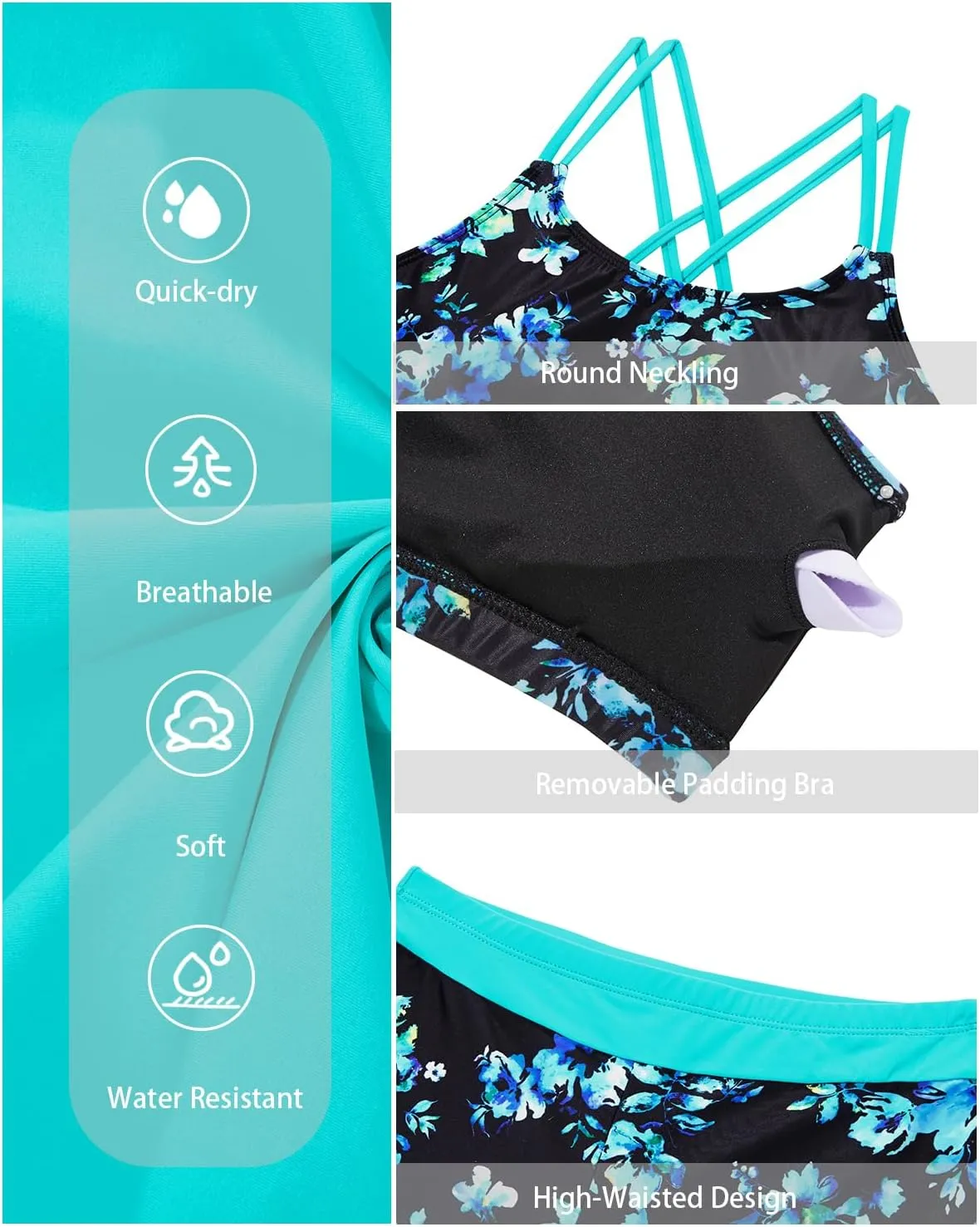 Holipick 3 Piece Tankini Swimsuits for Women Tummy Control Bathing Suits Swim Tank Top with Bra Boy Shorts Teen Swimwear