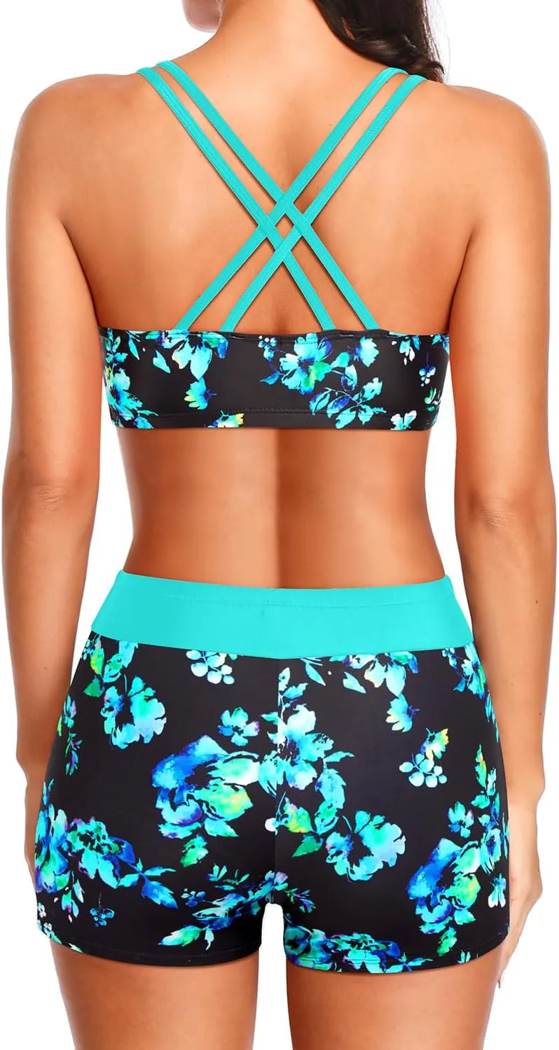 Holipick 3 Piece Tankini Swimsuits for Women Tummy Control Bathing Suits Swim Tank Top with Bra Boy Shorts Teen Swimwear