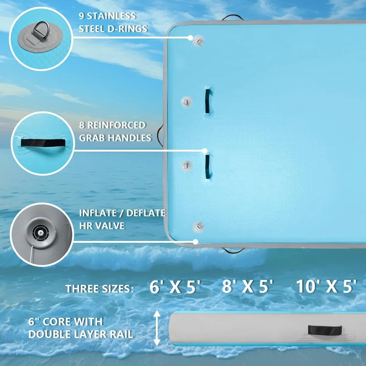 Inflatable Floating Dock Air Platform, 6/8/10ft Air Dock Platform Floating Island Raft, Enlarged Non-Slip Surface Water Floating Dock Mat, 6in Thick Water Platform Swim Dock Mat for Pool Beach Ocean