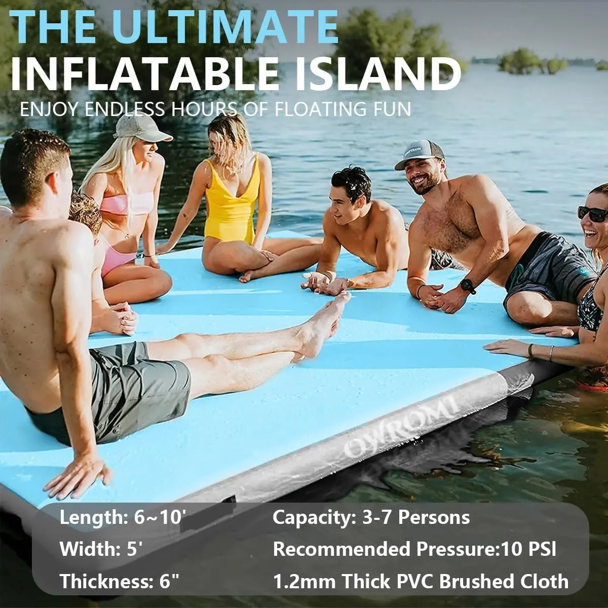 Inflatable Floating Dock Air Platform, 6/8/10ft Air Dock Platform Floating Island Raft, Enlarged Non-Slip Surface Water Floating Dock Mat, 6in Thick Water Platform Swim Dock Mat for Pool Beach Ocean