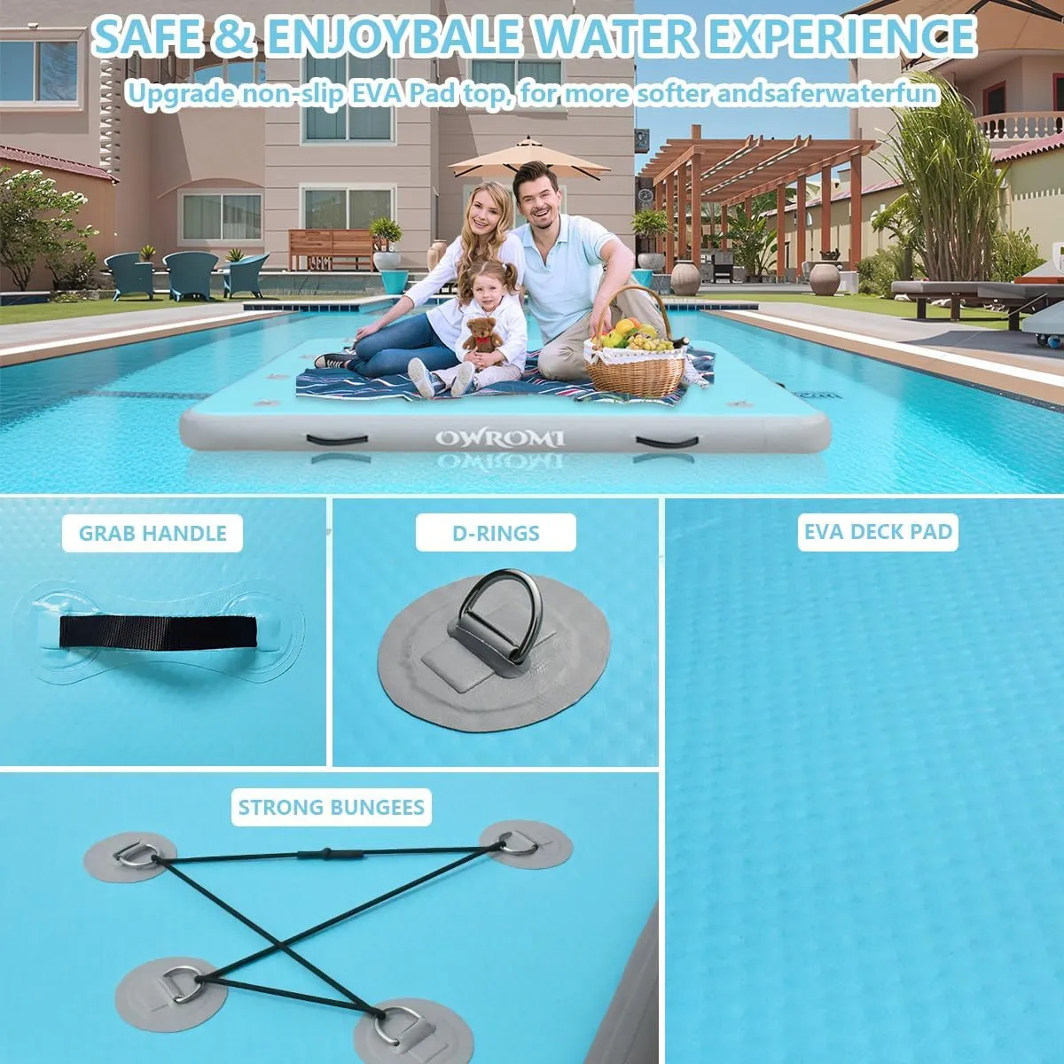 Inflatable Floating Dock Air Platform, 6/8/10ft Air Dock Platform Floating Island Raft, Enlarged Non-Slip Surface Water Floating Dock Mat, 6in Thick Water Platform Swim Dock Mat for Pool Beach Ocean