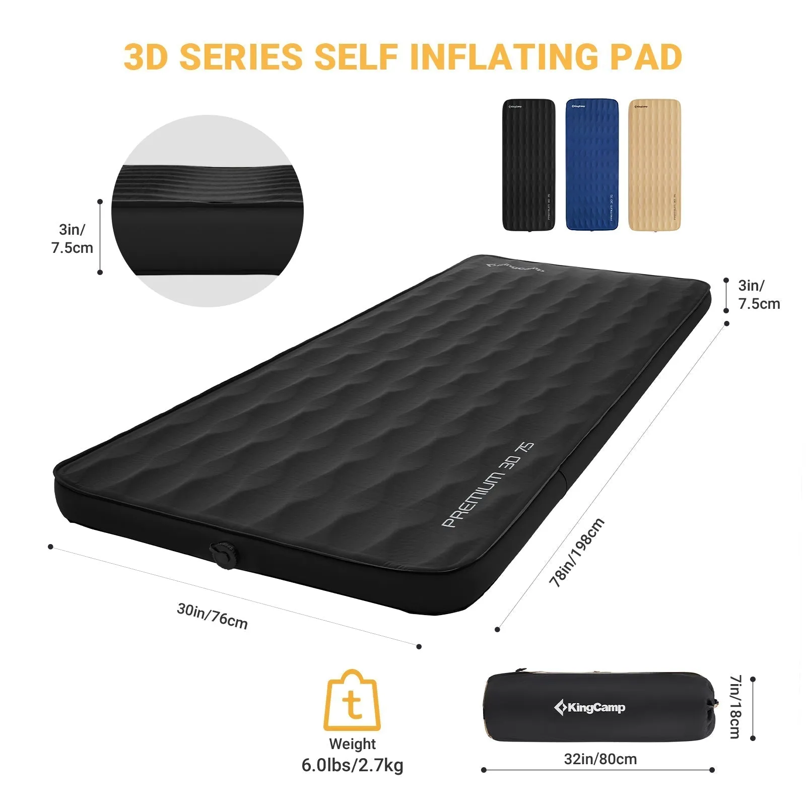 KingCamp Khaki Single 3D 3" Thick Self-Inflating Sleeping Mattress