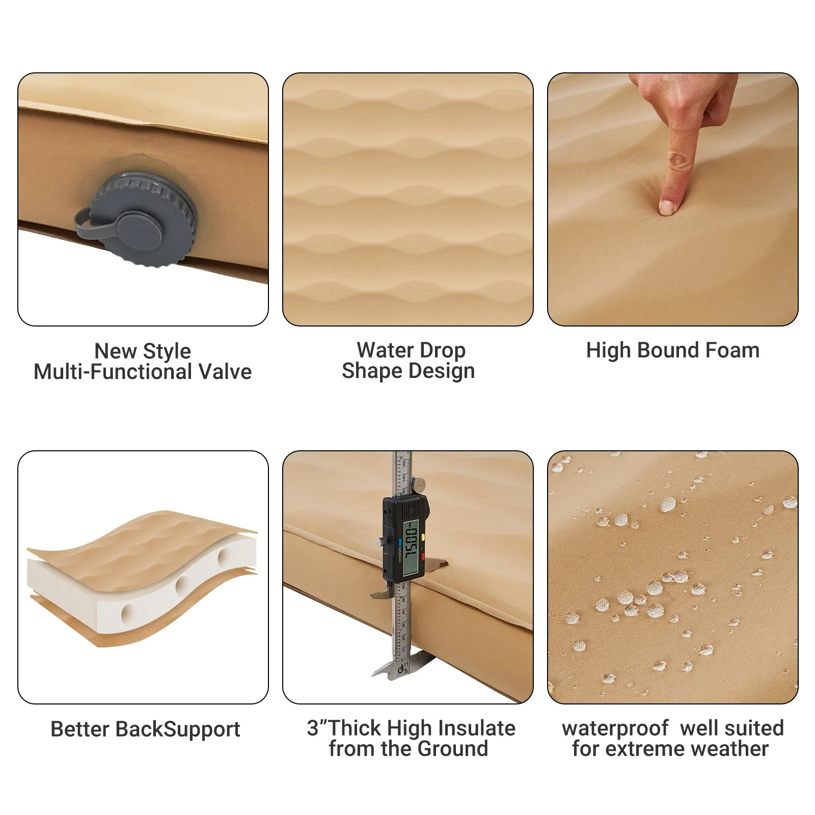 KingCamp Khaki Single 3D 3" Thick Self-Inflating Sleeping Mattress