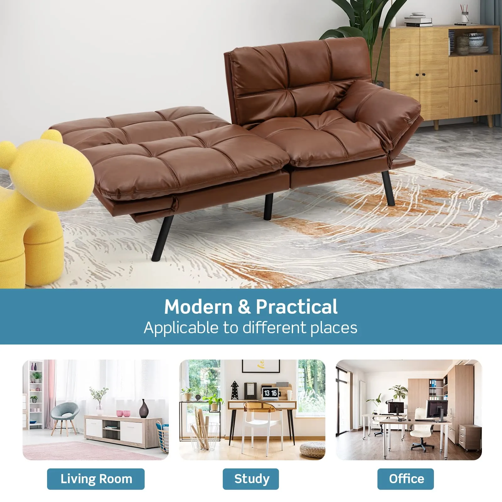 KOMFOTT Futon Sofa Bed, Faux Leather Memory Foam Convertible Futon Couch with Adjustable Backrest & Armrests
