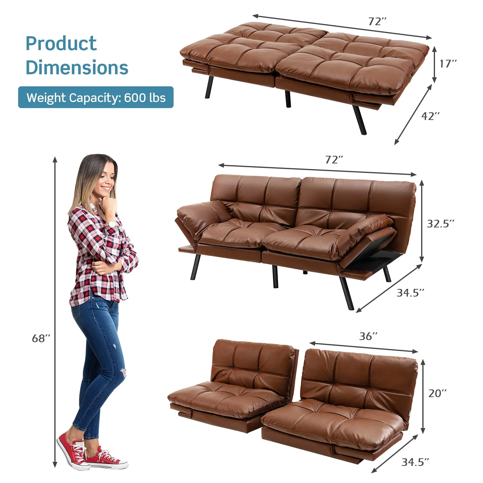 KOMFOTT Futon Sofa Bed, Faux Leather Memory Foam Convertible Futon Couch with Adjustable Backrest & Armrests
