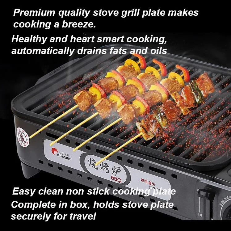 Maxsun Portable Gas BBQ Stove with PRO Grill Plate Outdoor Barbecue Cooking Burner Kit Butane Camping