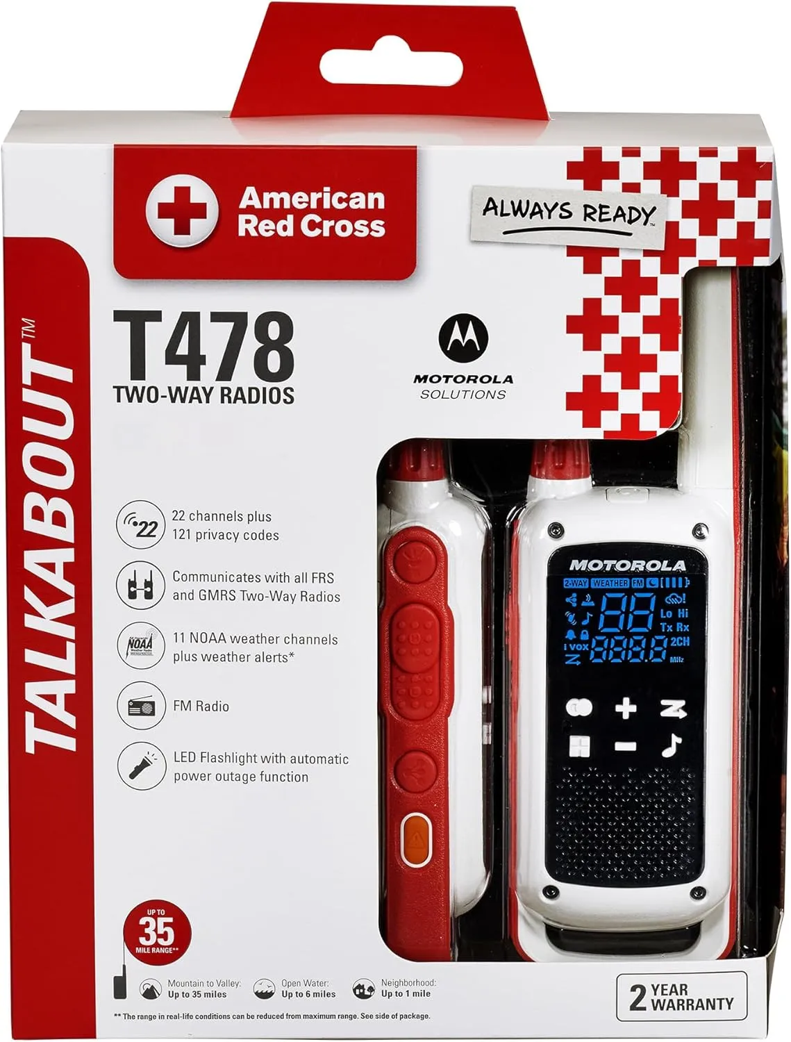 Motorola Solutions, Portable FRS, T478, Talkabout, Two-Way Radios, Red Cross, Emergency Preparedness, Rechargeable, W/Charging Dock, 22 Channel, 35 Mile, White, 2 Pack