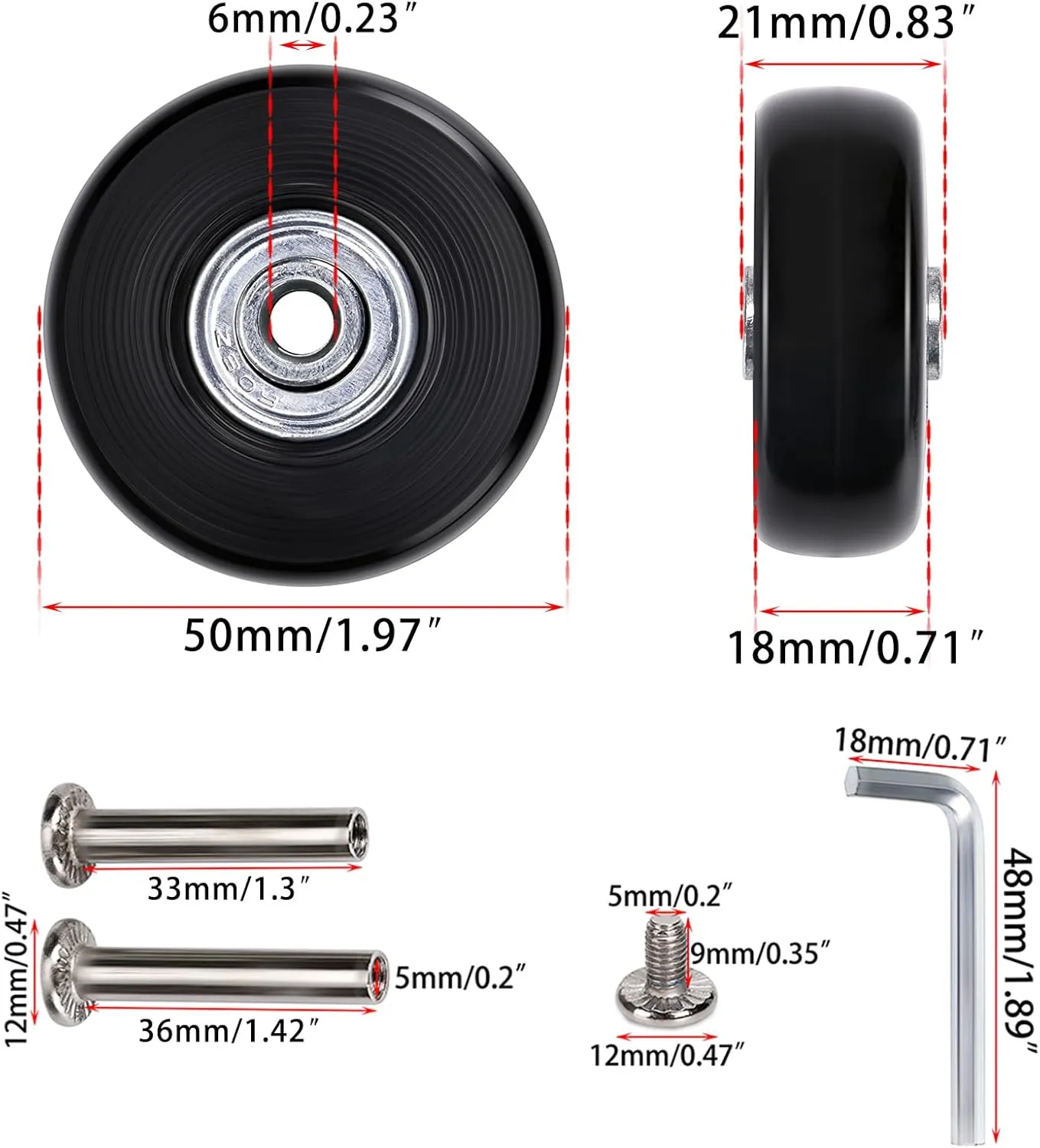 OwnMy 50mm x 18mm Set of 4 Luggage Suitcase Replacement Wheels, Rubber Swivel Caster Wheels Bearings Repair Kits (Black)