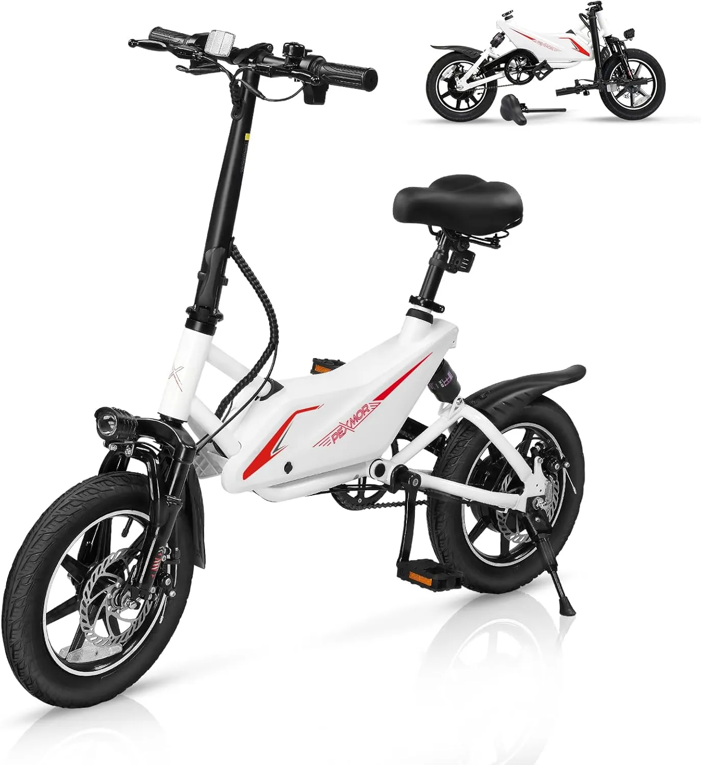 PEXMOR Electric Bike for Adults, 350W Motor (Peak 500W) Folding Ebike | Full Suspension | 36V 6AH Battery, 14" Foldable Commuter City Electric Bicycle for Adults/Teens, Complies to UL2849