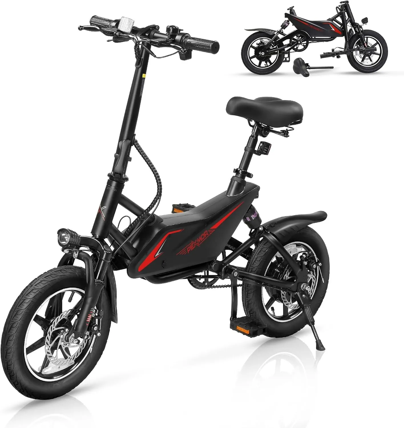 PEXMOR Electric Bike for Adults, 350W Motor (Peak 500W) Folding Ebike | Full Suspension | 36V 6AH Battery, 14" Foldable Commuter City Electric Bicycle for Adults/Teens, Complies to UL2849