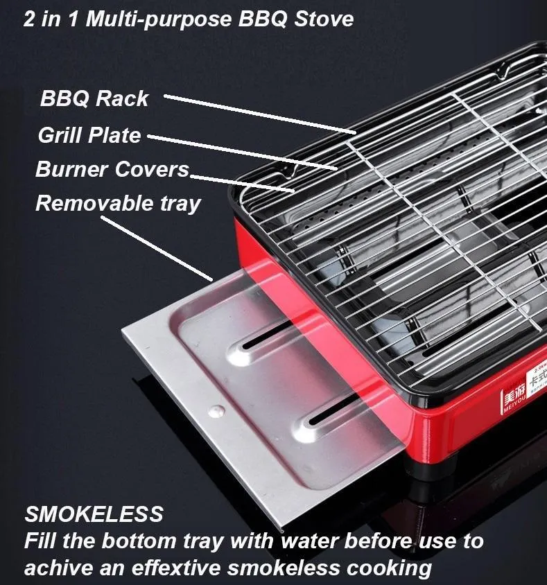 Portable Gas Stove Burner Butane BBQ Camping Gas Cooker With Non Stick Plate Black