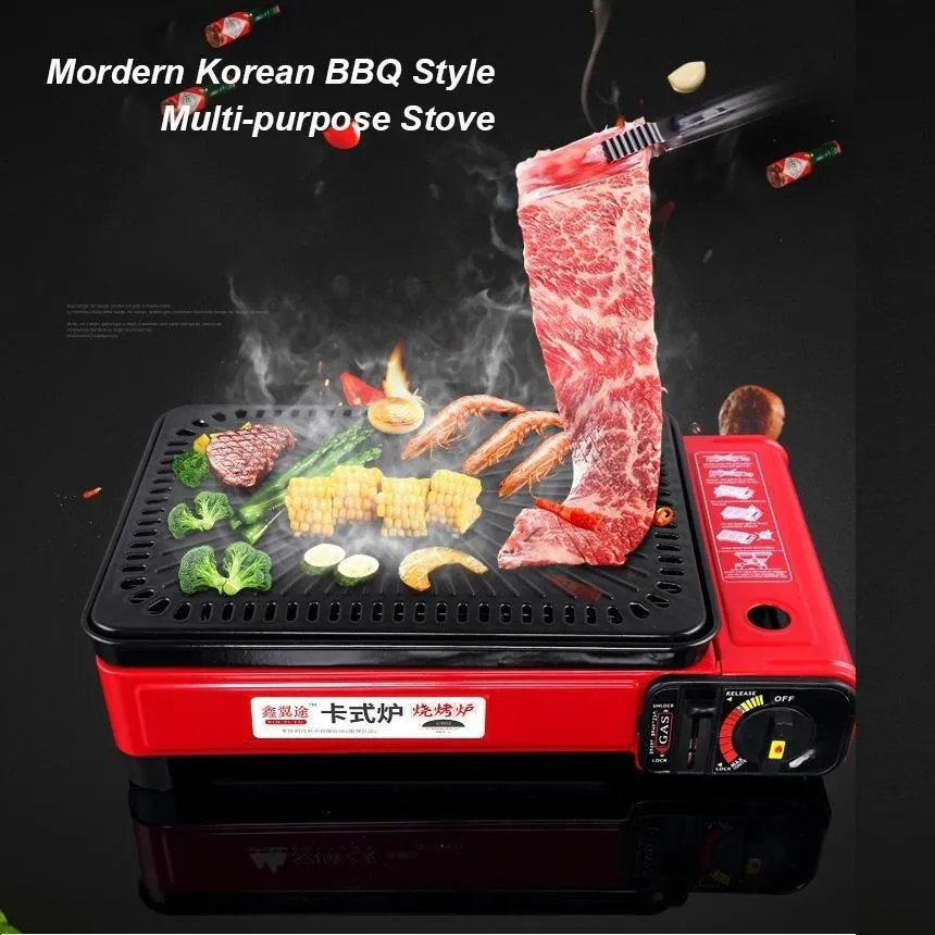 Portable Gas Stove Burner Butane BBQ Camping Gas Cooker With Non Stick Plate Black