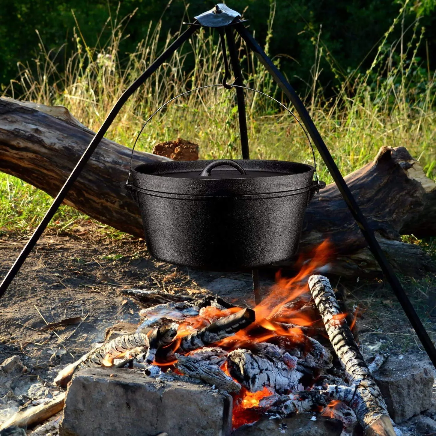 Pre Seasoned Cast Iron 4 Piece Bundle Camping Cooking Set, Dutch Oven, Grill Pan w/Rcoket