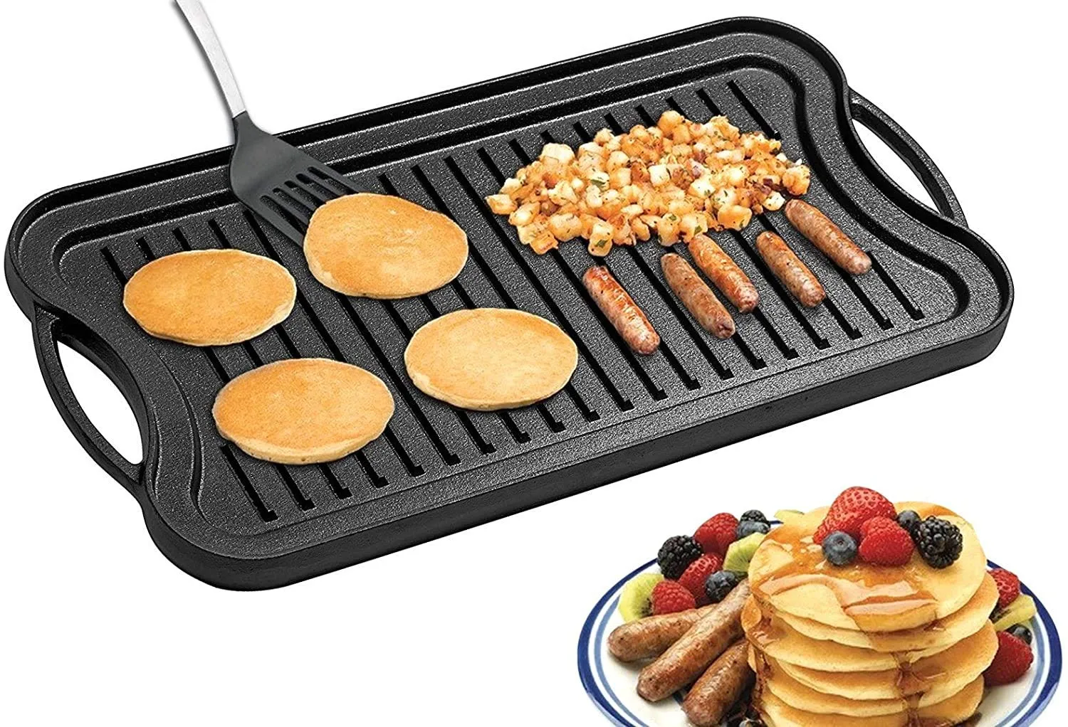 Pre Seasoned Cast Iron 4 Piece Bundle Camping Cooking Set, Dutch Oven, Grill Pan w/Rcoket