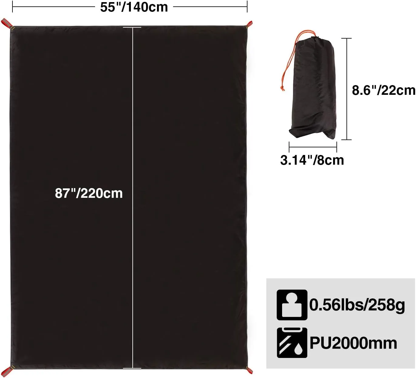 REDCAMP Ultralight Black Waterproof Tarp, 1.06 lbs, Camping Tarp with Carry Bag