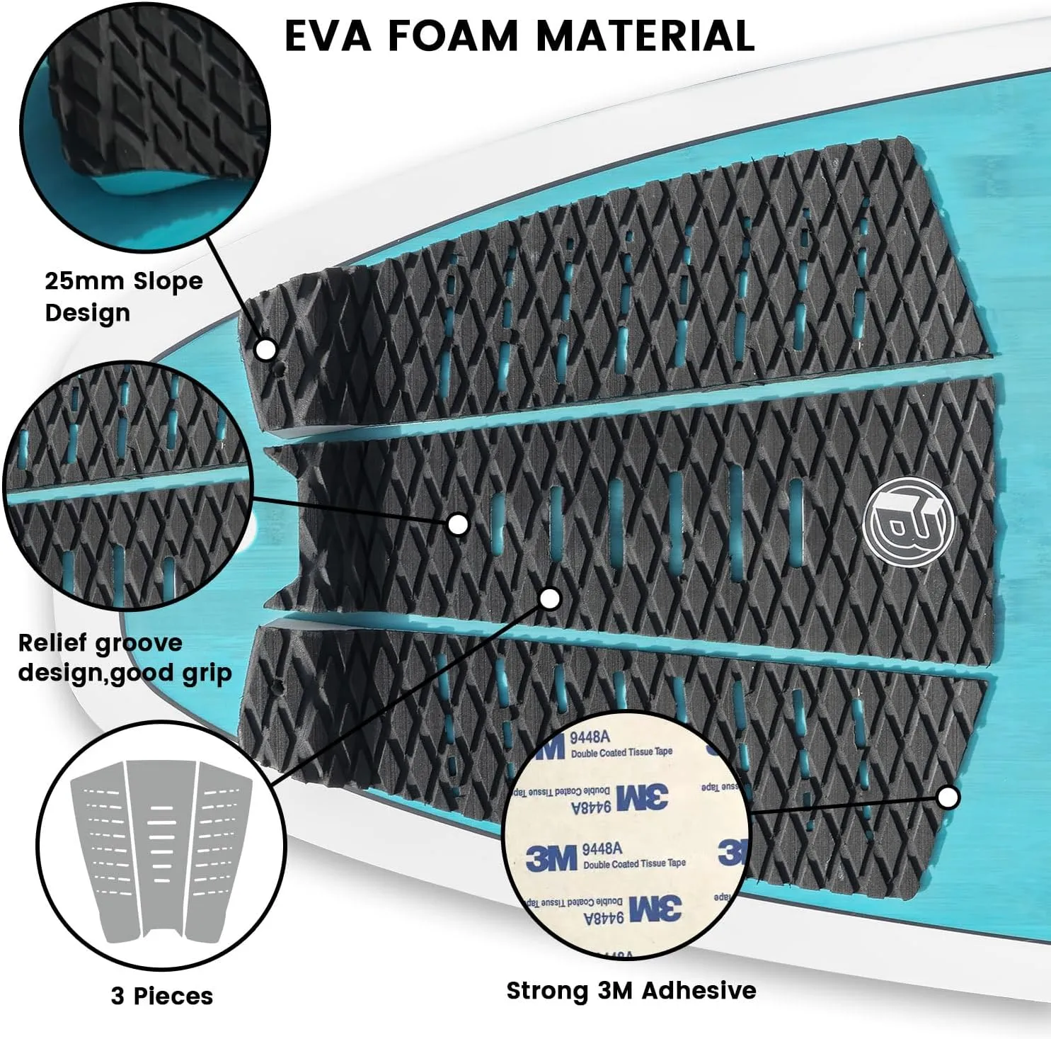 Rokia R 3 Pieces Surfboard Traction Pad EVA foam Surf Traction Pad with 3M Adhesive Non-Slip Sup Deck Pad Fit for Surf Tail Pad Fish, Surfboards, Skimboard, Longboard, Shortboard