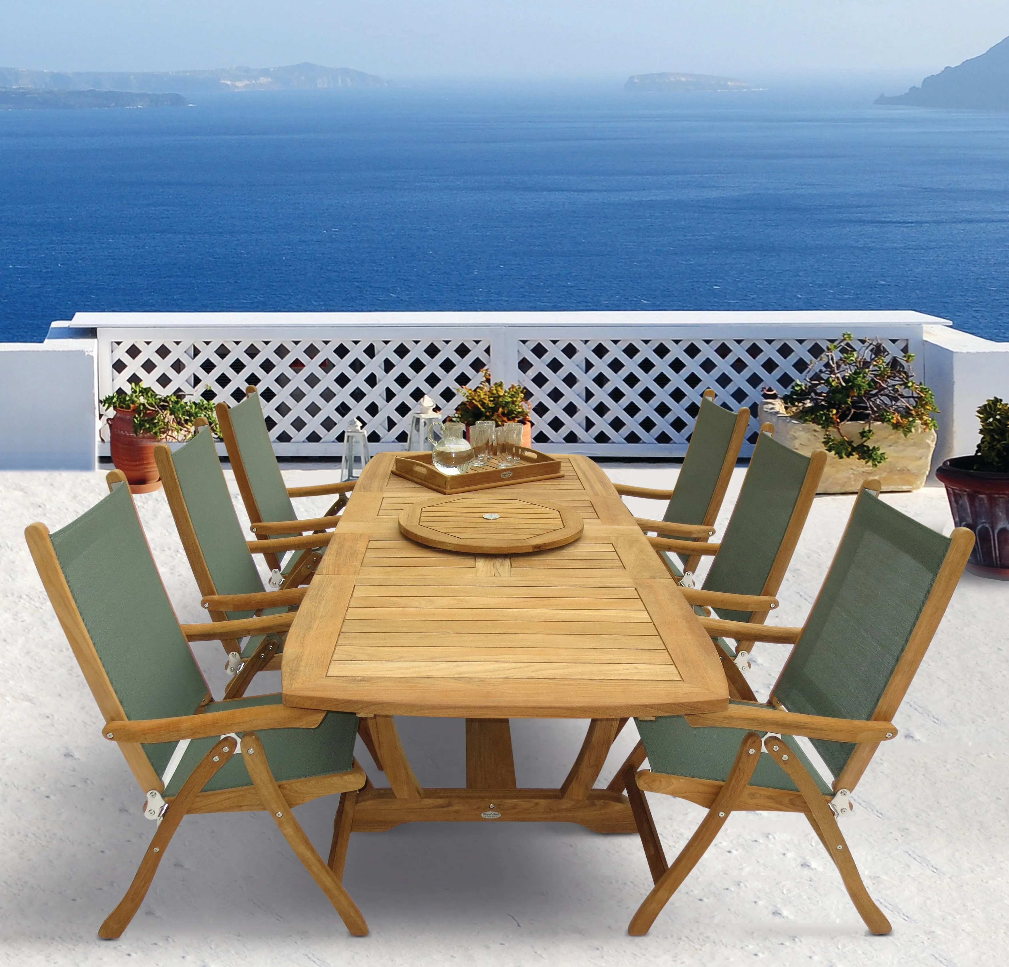 Royal Teak Gala 64"-80"-96" Expansion Table With 6 Florida Sling Chairs