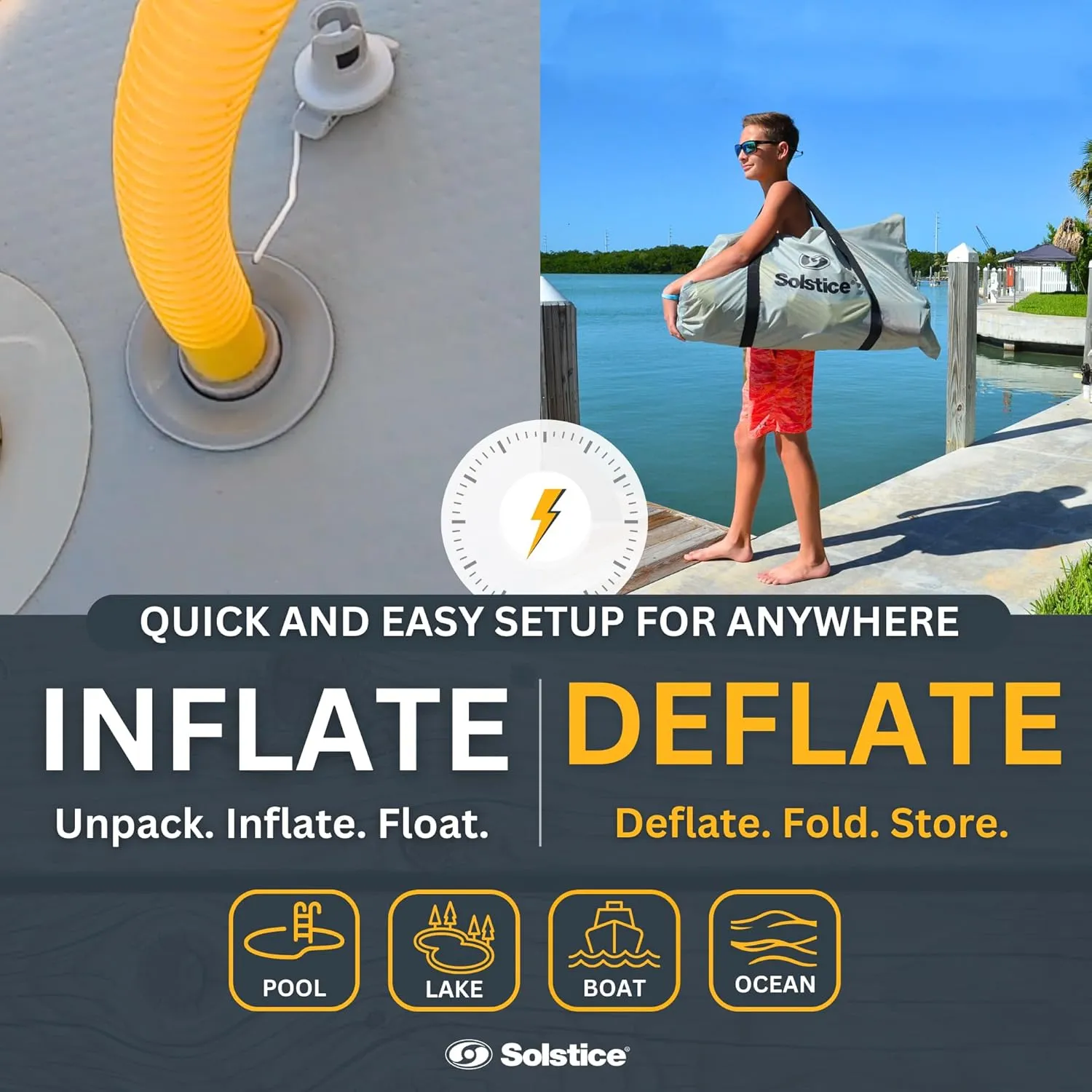 SOLSTICE 5-Person Classic Inflatable Dock, Floating Water Raft Platform, 6ft x 5ft - Outdoor Fun for Lake, River, Swimming Pool & Beach, Includes Pump w/Gauge, Carry Bag & Repair Kit