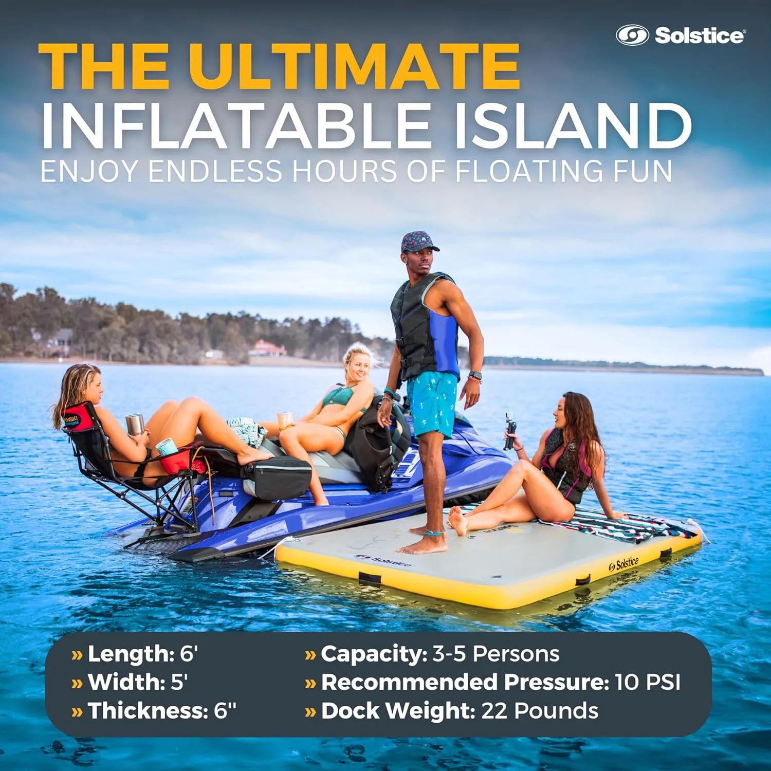 SOLSTICE 5-Person Classic Inflatable Dock, Floating Water Raft Platform, 6ft x 5ft - Outdoor Fun for Lake, River, Swimming Pool & Beach, Includes Pump w/Gauge, Carry Bag & Repair Kit