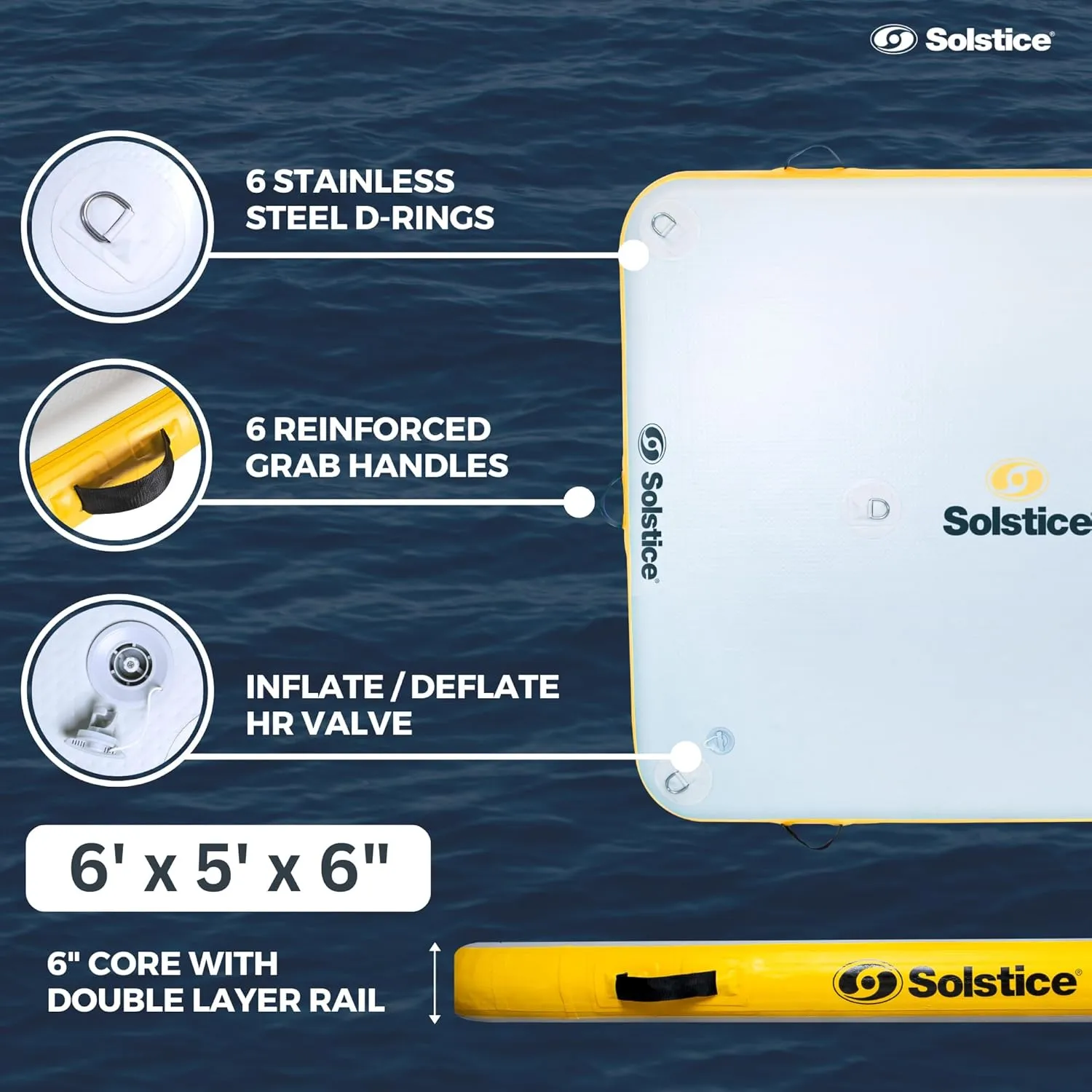 SOLSTICE 5-Person Classic Inflatable Dock, Floating Water Raft Platform, 6ft x 5ft - Outdoor Fun for Lake, River, Swimming Pool & Beach, Includes Pump w/Gauge, Carry Bag & Repair Kit
