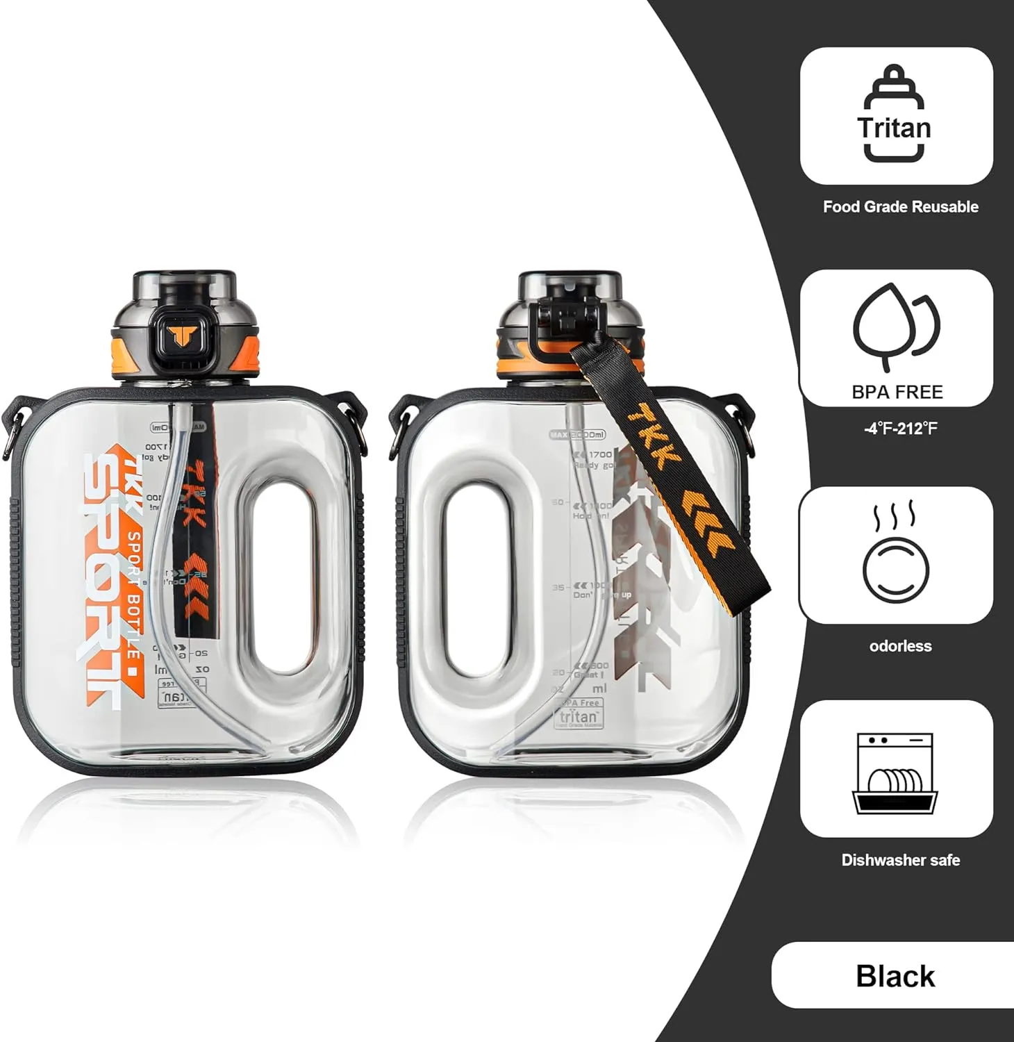 TKK Half Gallon Water Bottle Jug with Straw Large Capacity Plastic Water Bottle Dishwasher Safe 1/2 Gallon 50 Oz Water Bottle Jug BPA Free Tritan for Gym Yoga Travel Camping Outdoor