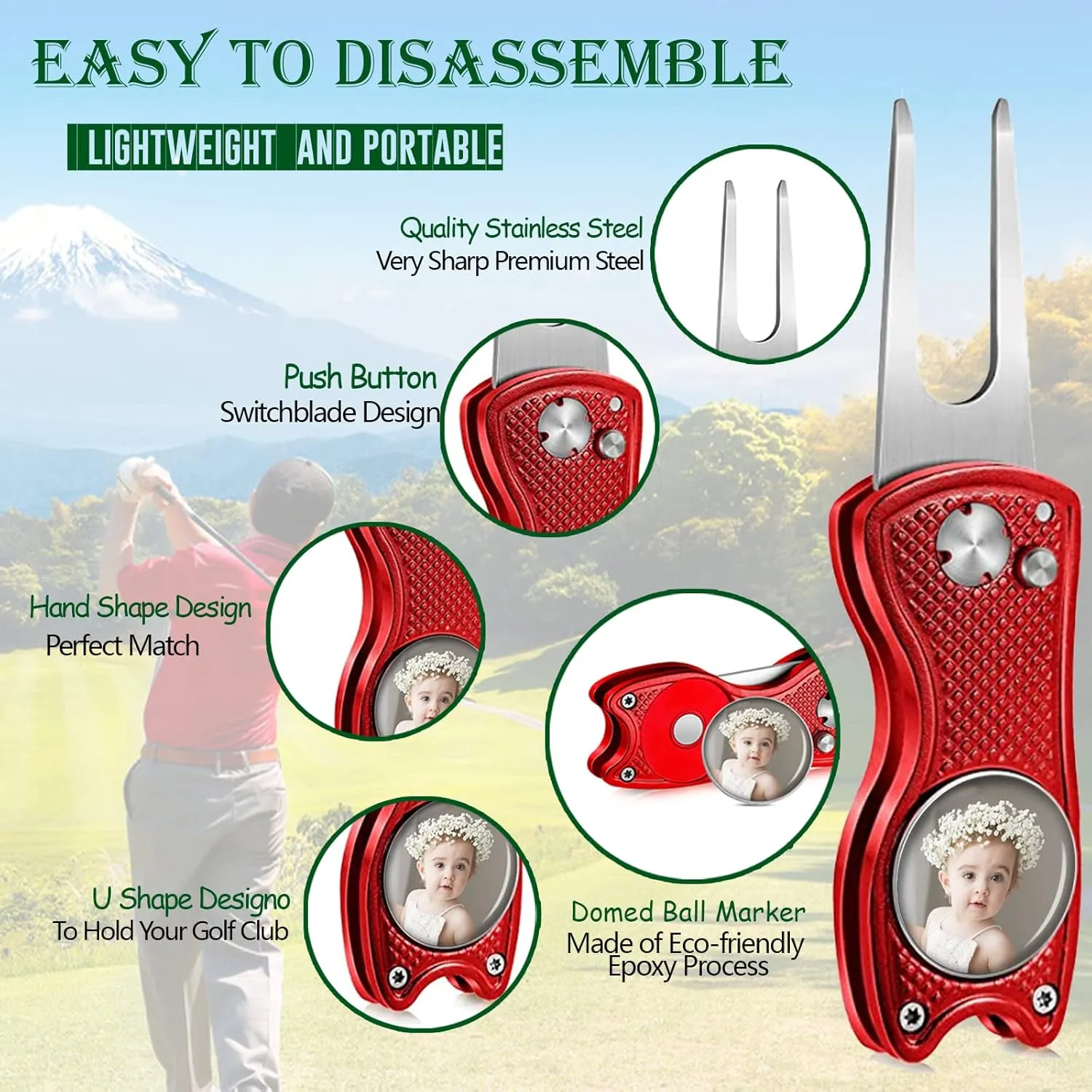 ubmpj Custom Golf Divot Tool Kits with Ball Markers, Personalized Foldable Divot Tool with Your Photo/Logo Multi-Colors/Markers Pop-up Button for Golfers