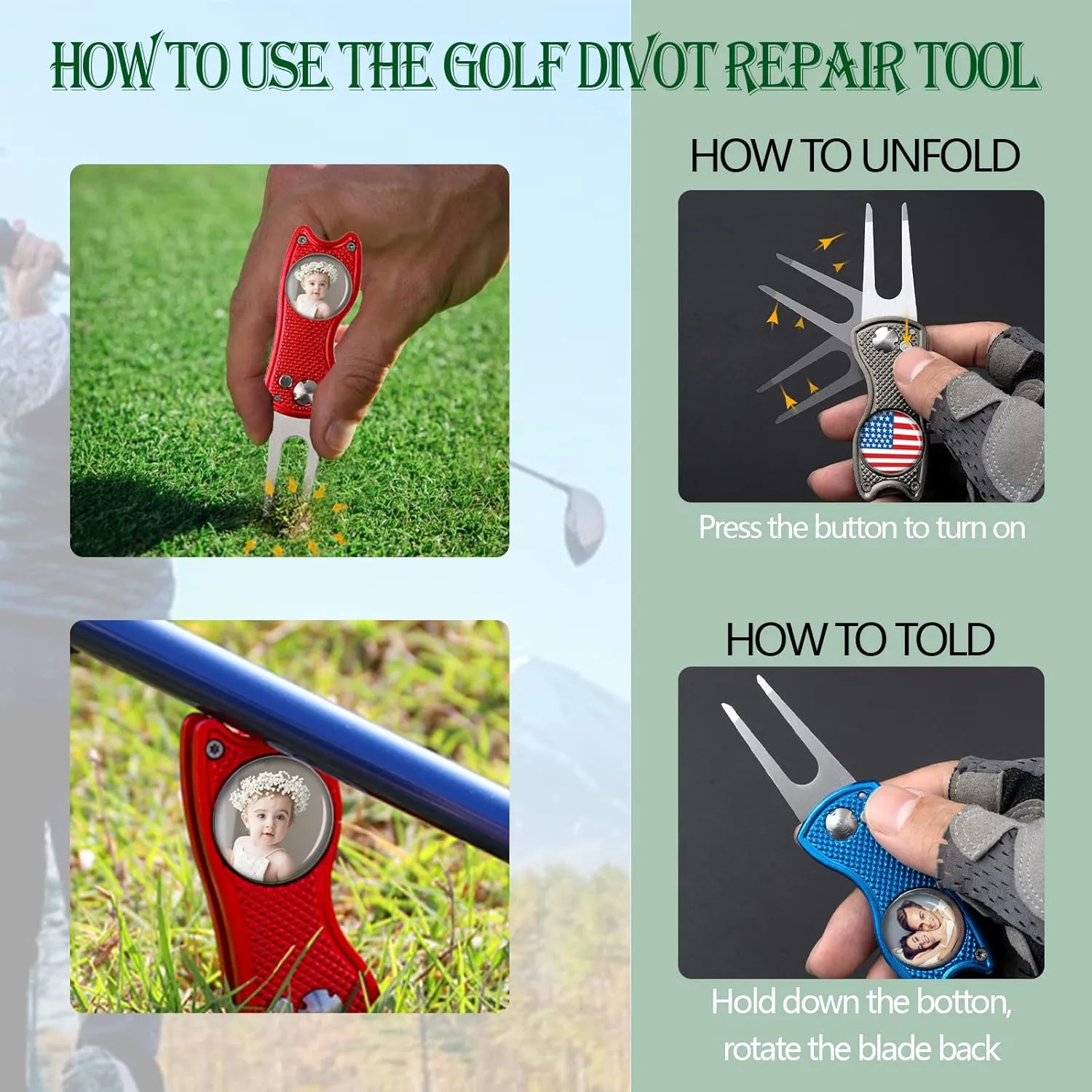ubmpj Custom Golf Divot Tool Kits with Ball Markers, Personalized Foldable Divot Tool with Your Photo/Logo Multi-Colors/Markers Pop-up Button for Golfers