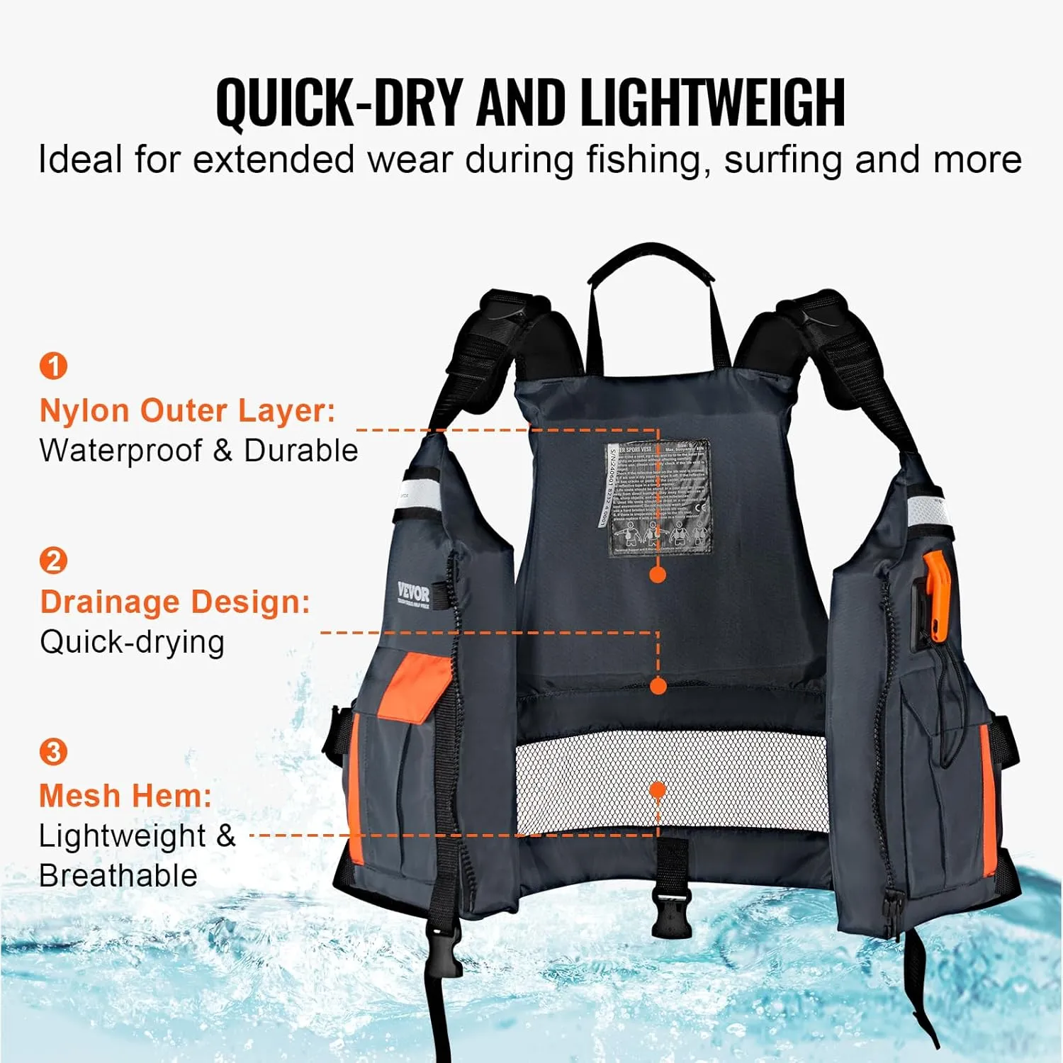 VEVOR Life Vest for Watersports (PFD), Life Jacket with Waterproof Nylon & 80N Buoyancy, Life Vest/Jacket for Any Water Activity-Fishing, Kayaking, Surfing and More, Men and Women